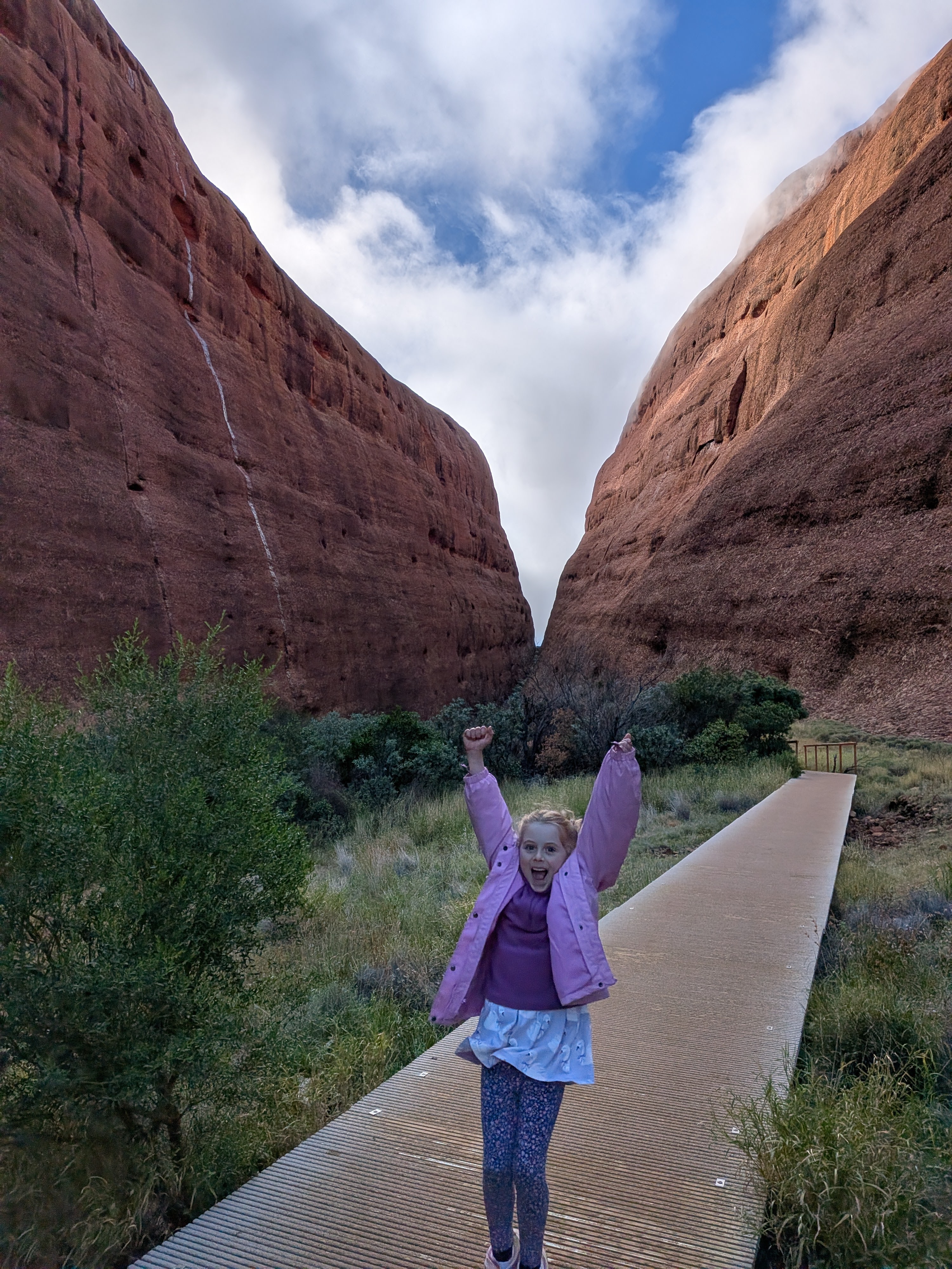 Hazel on the boardwalk into Walpa Gorge, domes towering either side