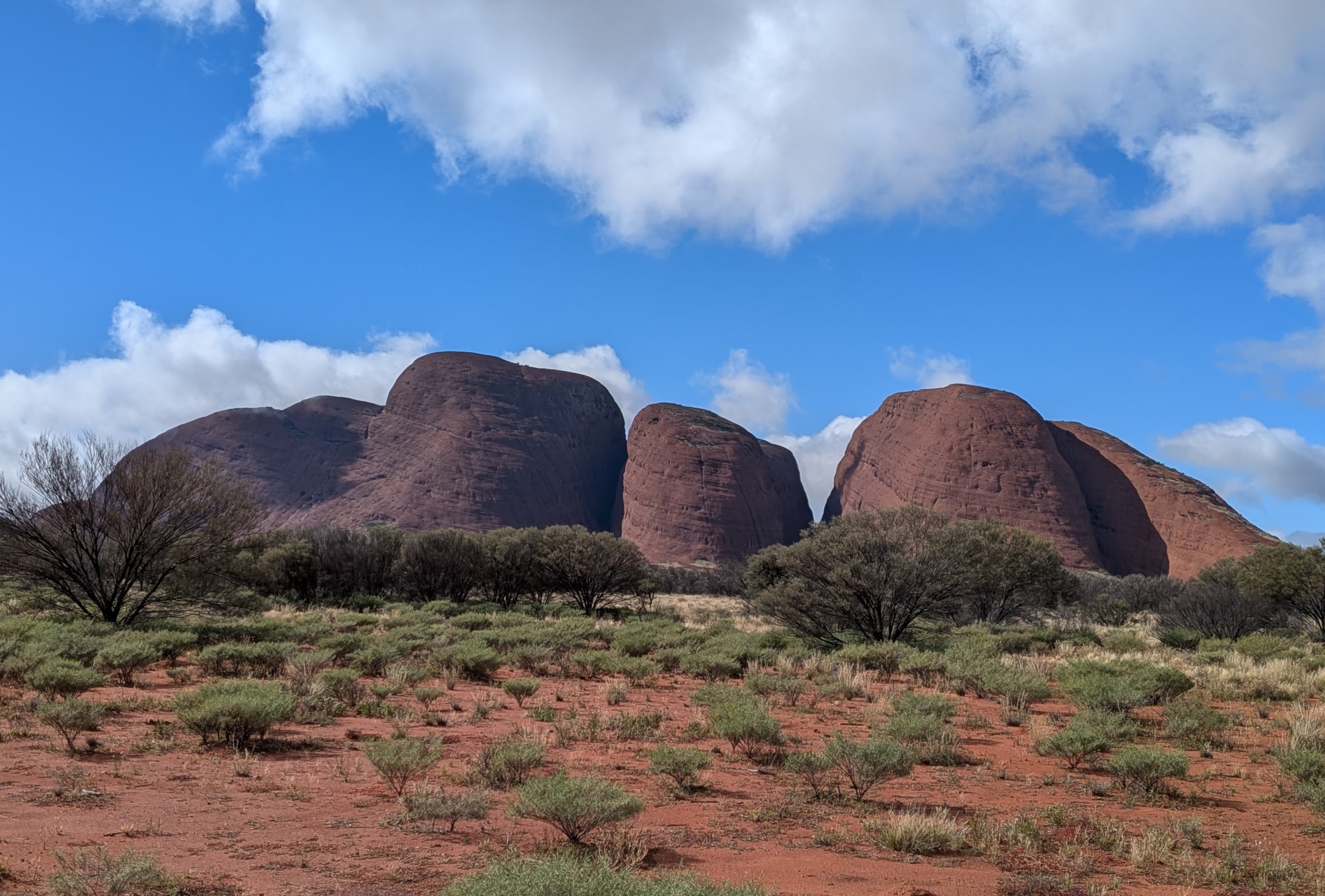 Kata Tjuta wide landscape — the many heads under blue sky