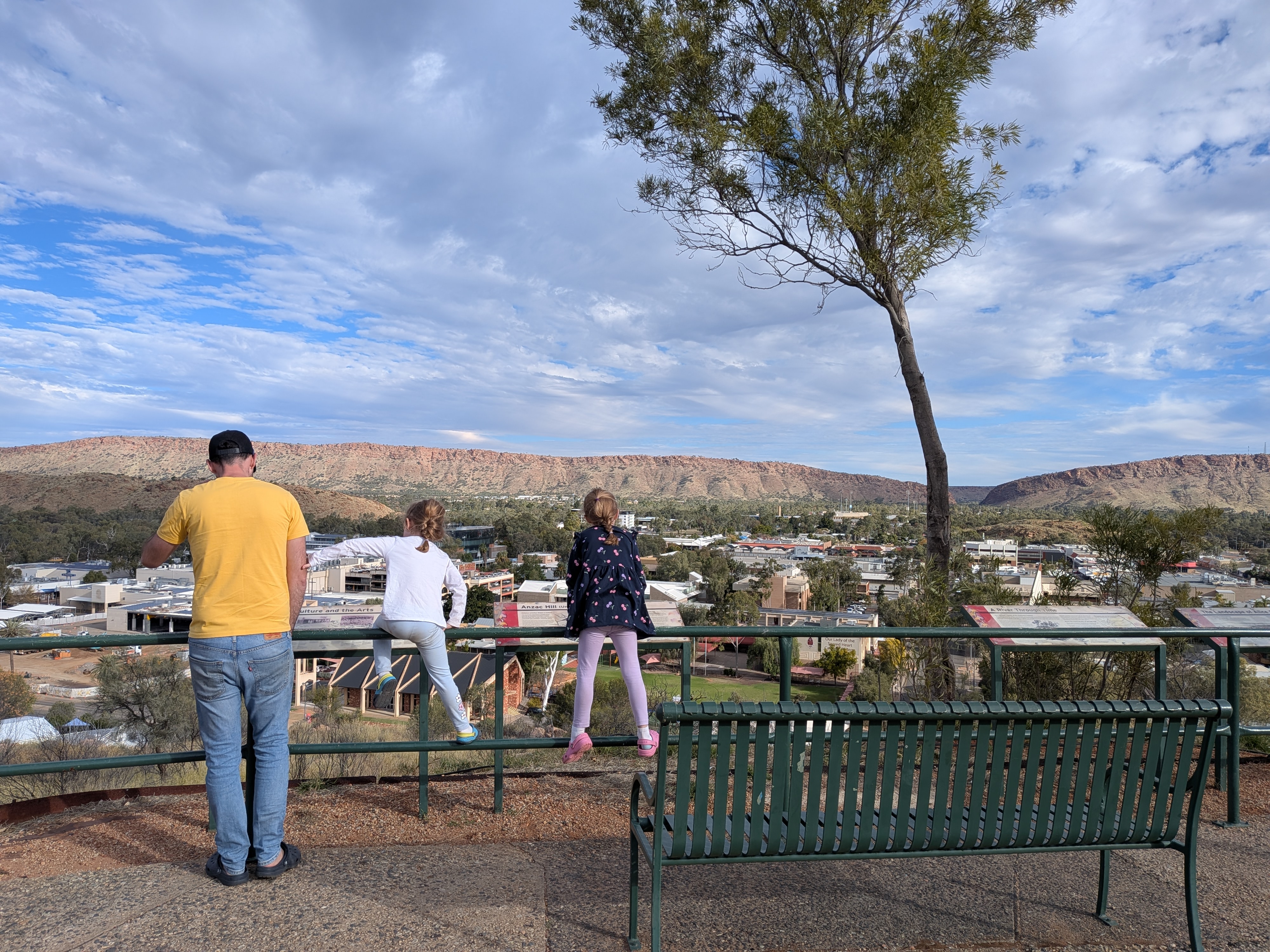 Dylan and the girls looking out over Alice Springs from the lookout at ANZAC Hill