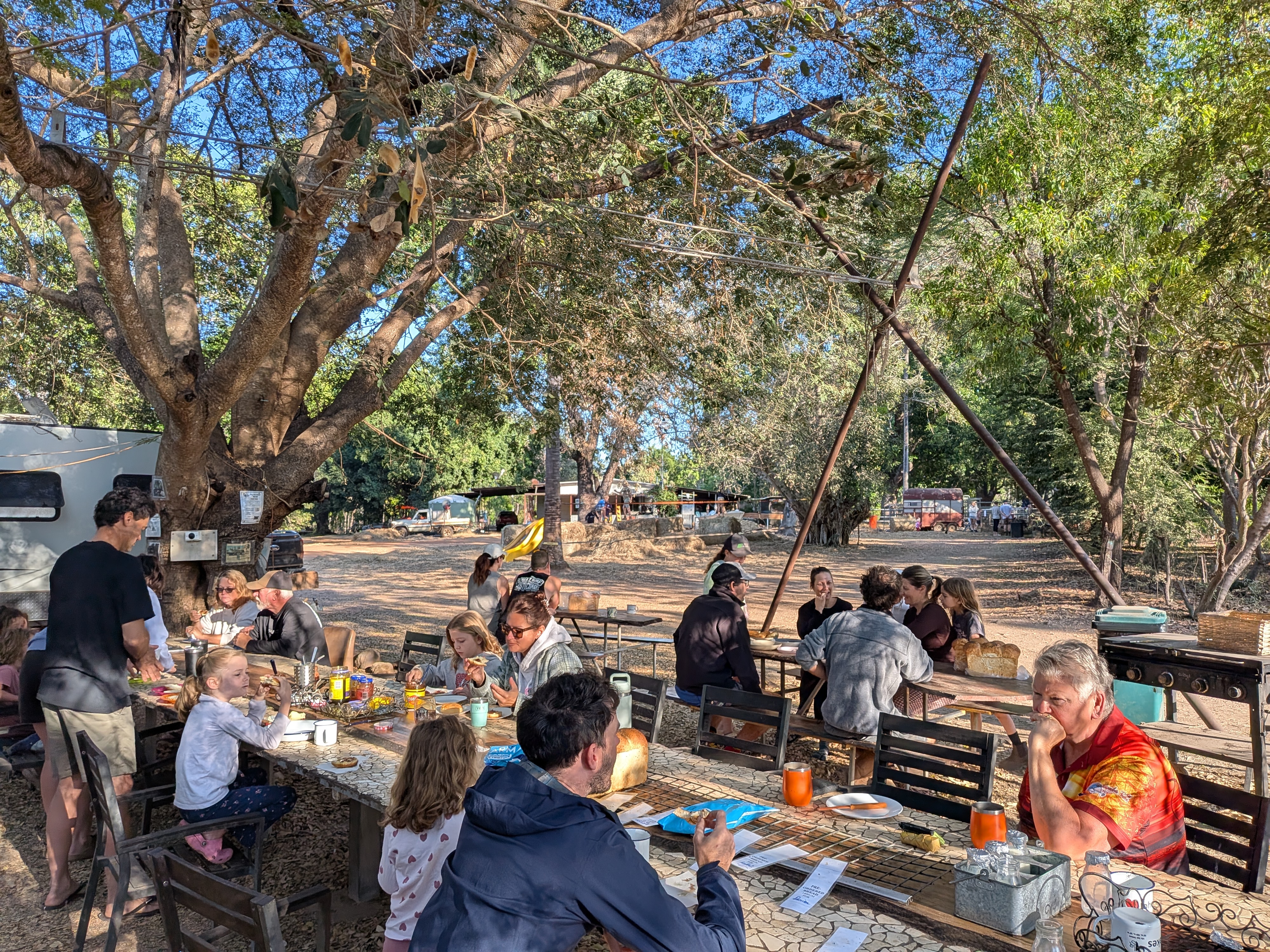 Campers gathered around the long tables under the big tree for billy tea and johnny cakes