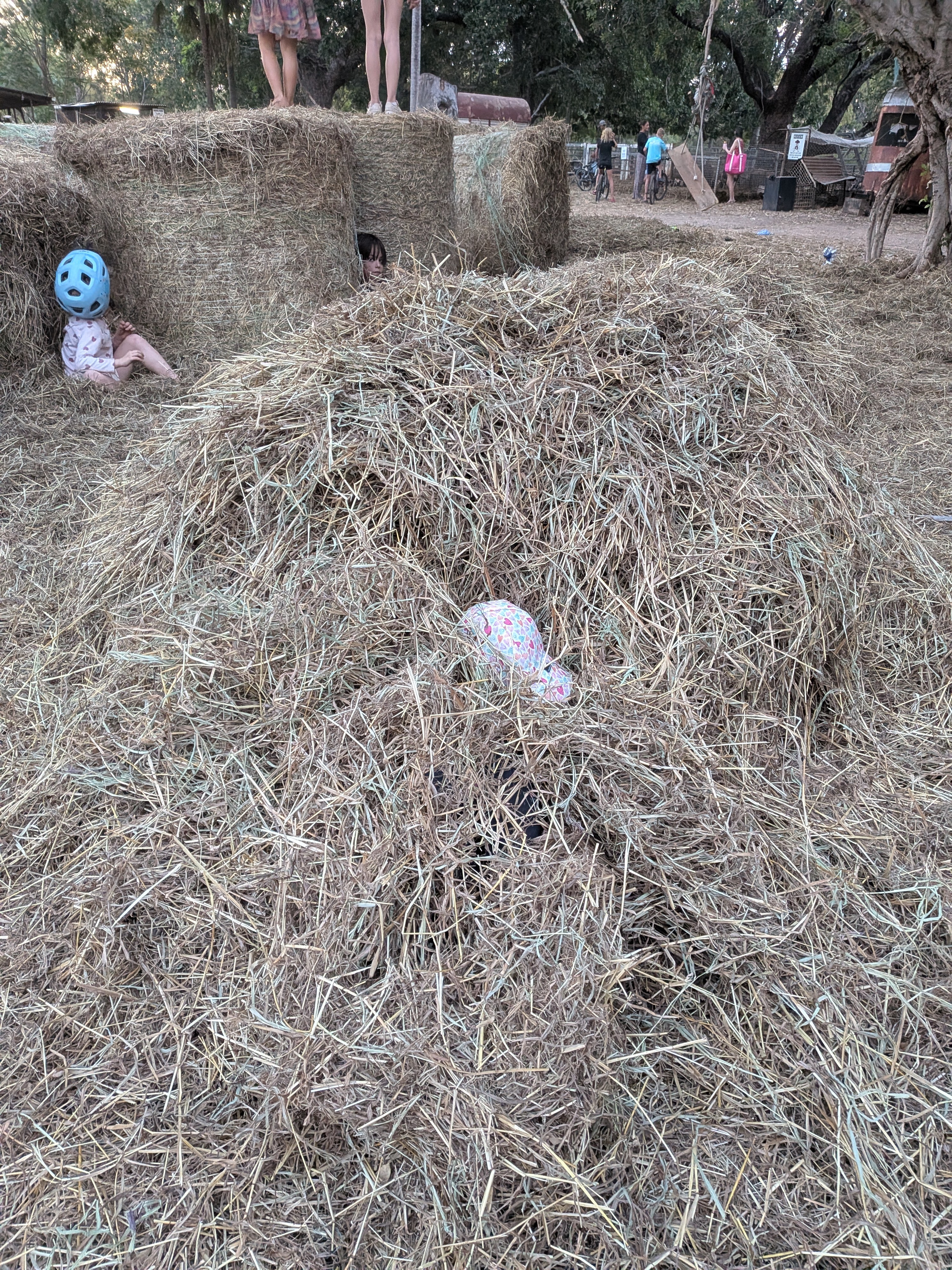 Hide and seek in the hay — one kid completely buried with just a hat poking out