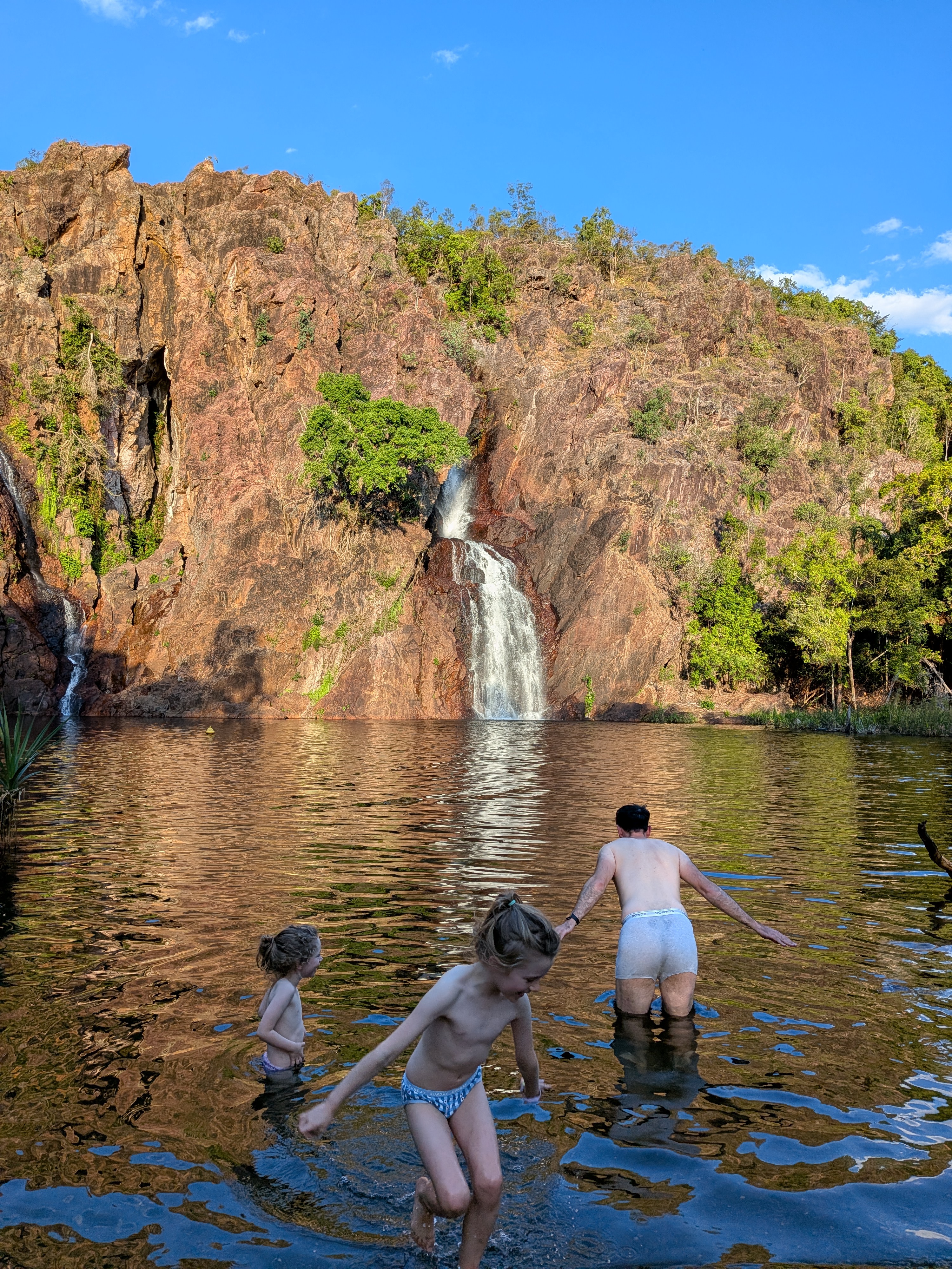 Dylan and the girls wading in for the spontaneous sunset swim