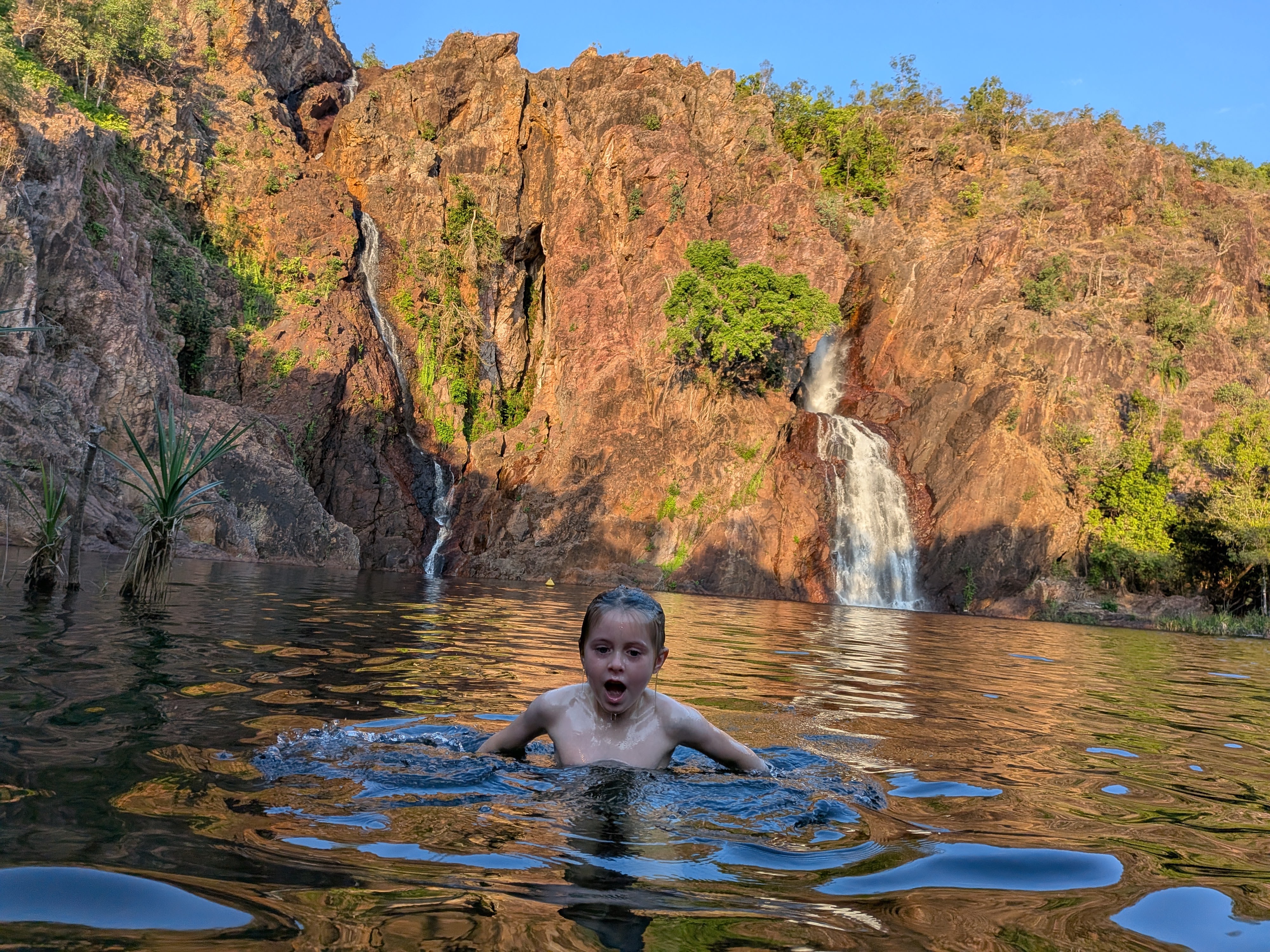 Hazel mid-swim with a gasp — the water was freezing