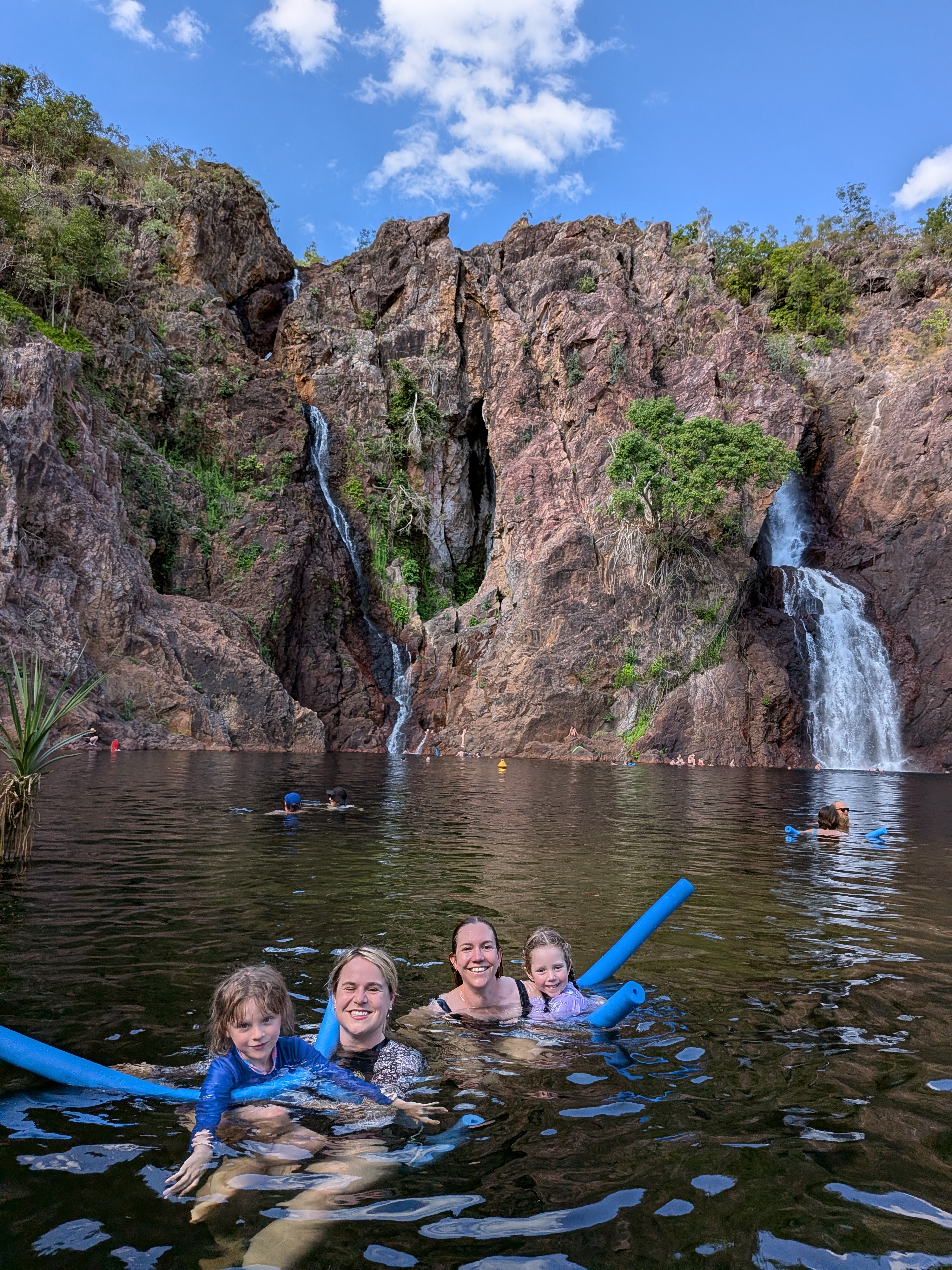 Everyone in the water with pool noodles — including cousin Meredith!