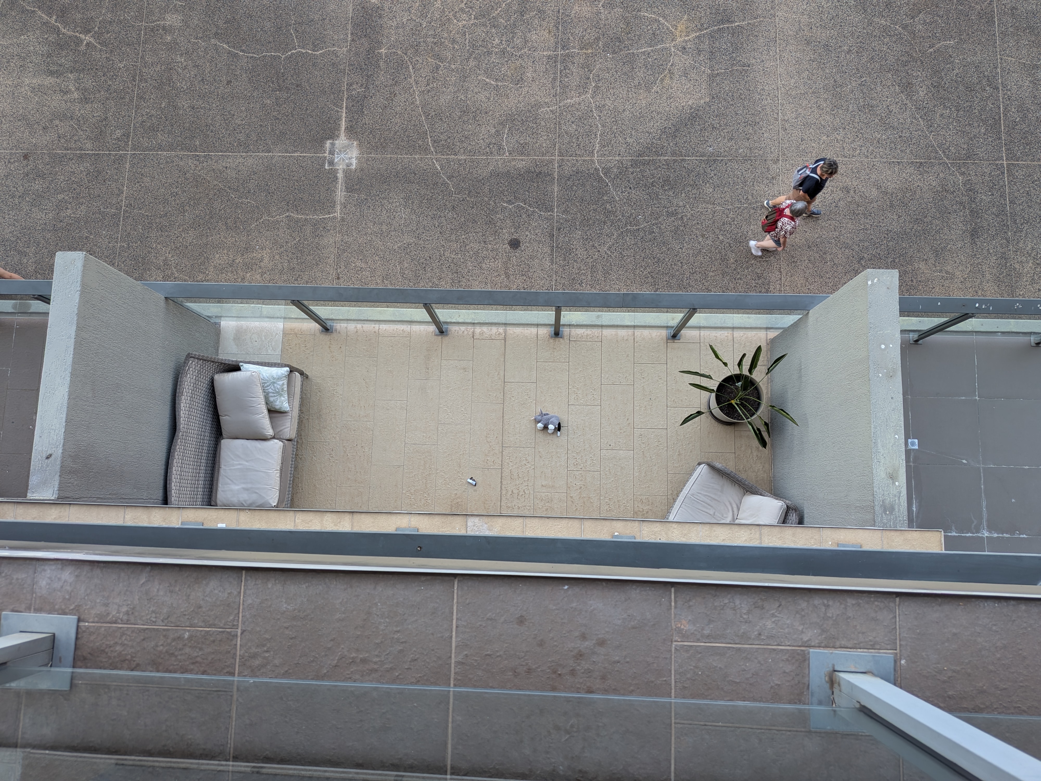 Bilby, two storeys down on the neighbour&rsquo;s balcony &mdash; our note and pen alongside