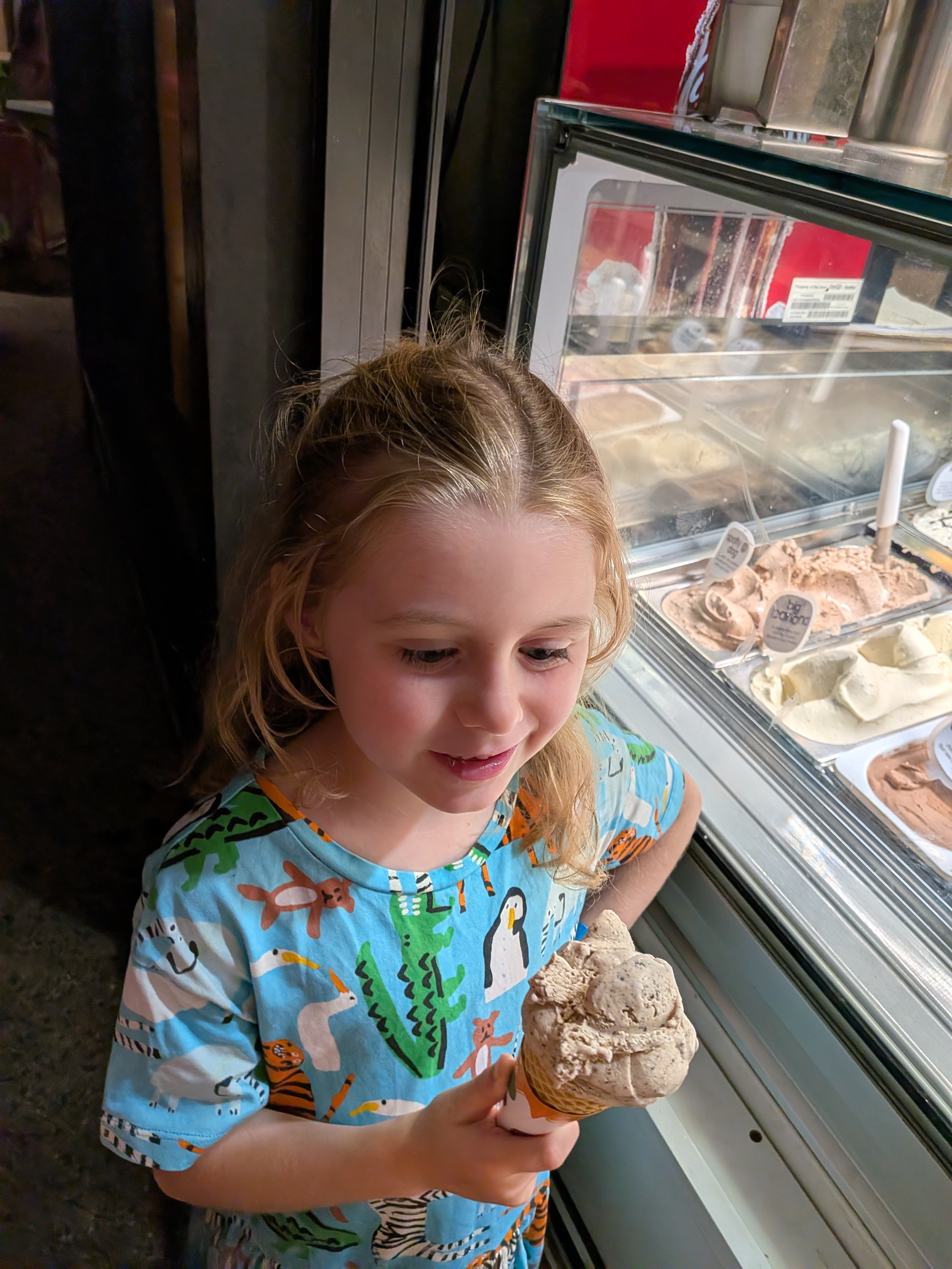 Leah picking her ice cream for dessert at the gelato cabinet