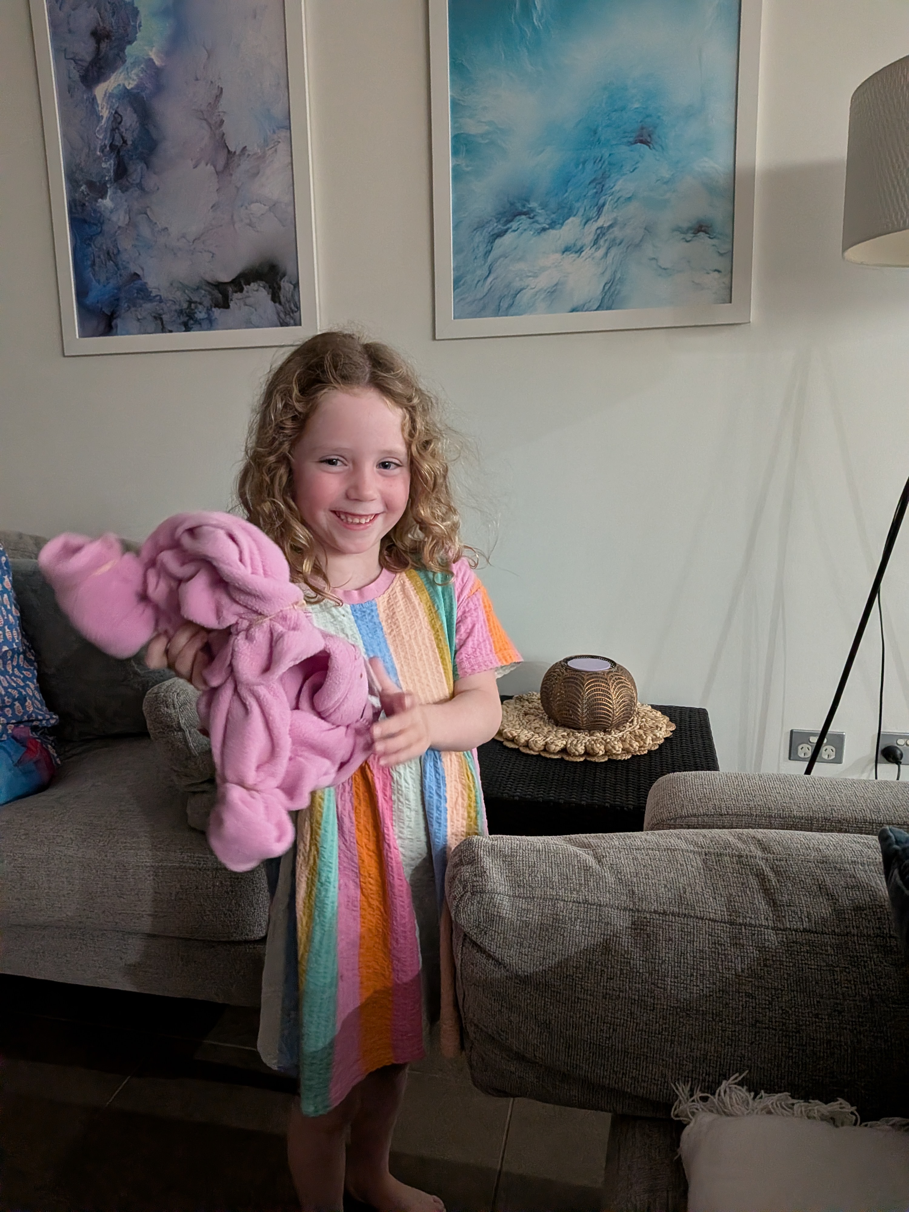 Leah with the official Bilby substitute &mdash; Dylan&rsquo;s jumper-and-hairties creation