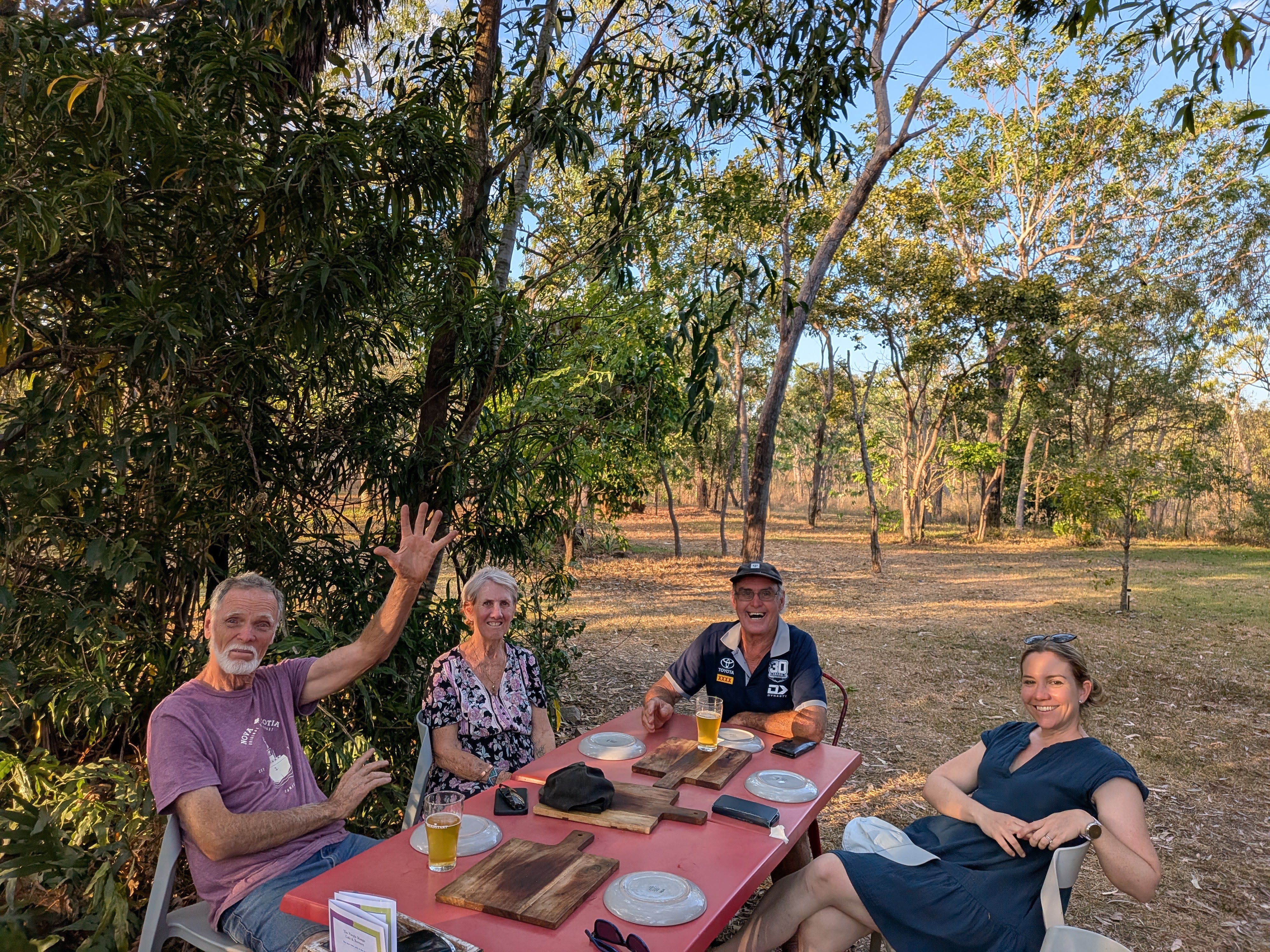 Gordon, Tricia, Pa and Erin settling in for pizza night at the Purple Mango brewery