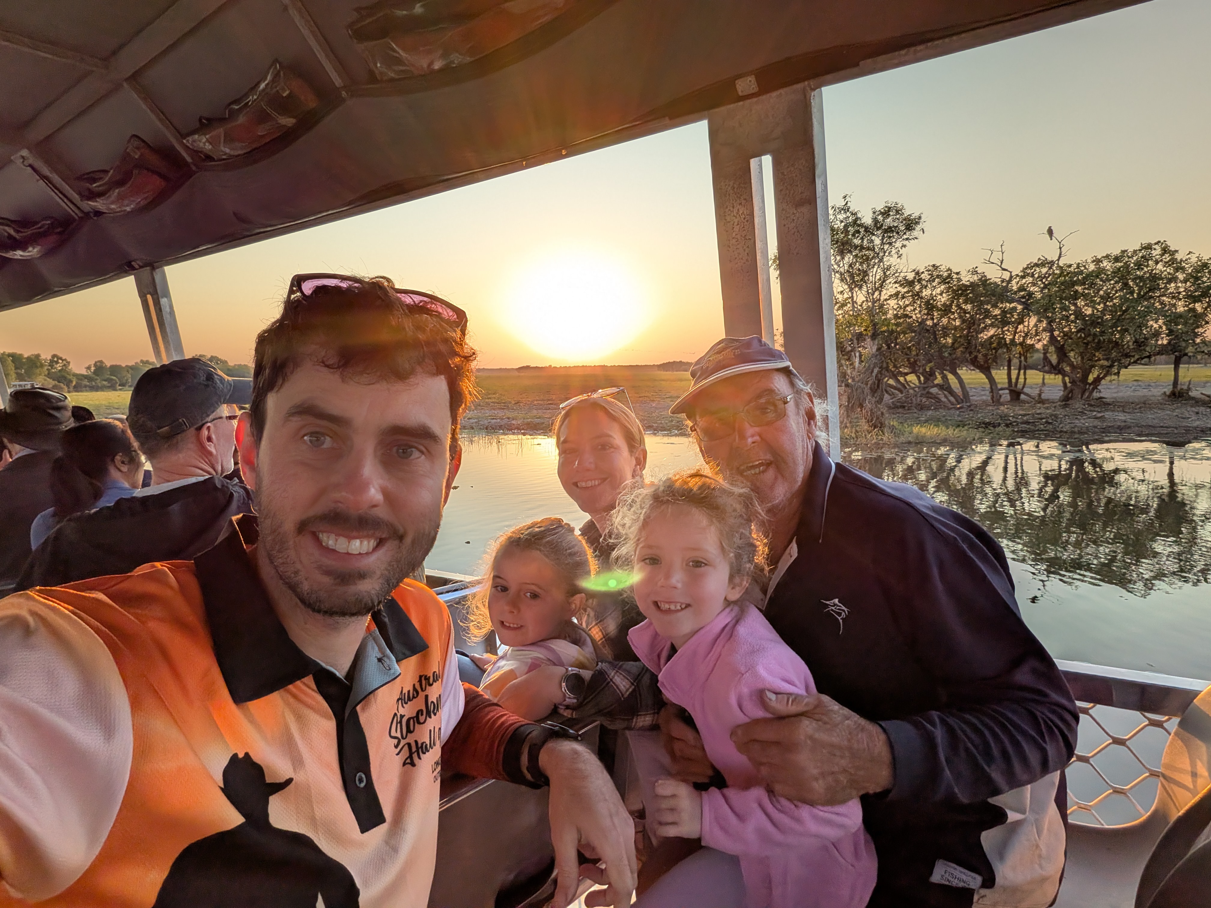 All five of us on the boat as the sun comes up &mdash; troopers, every one