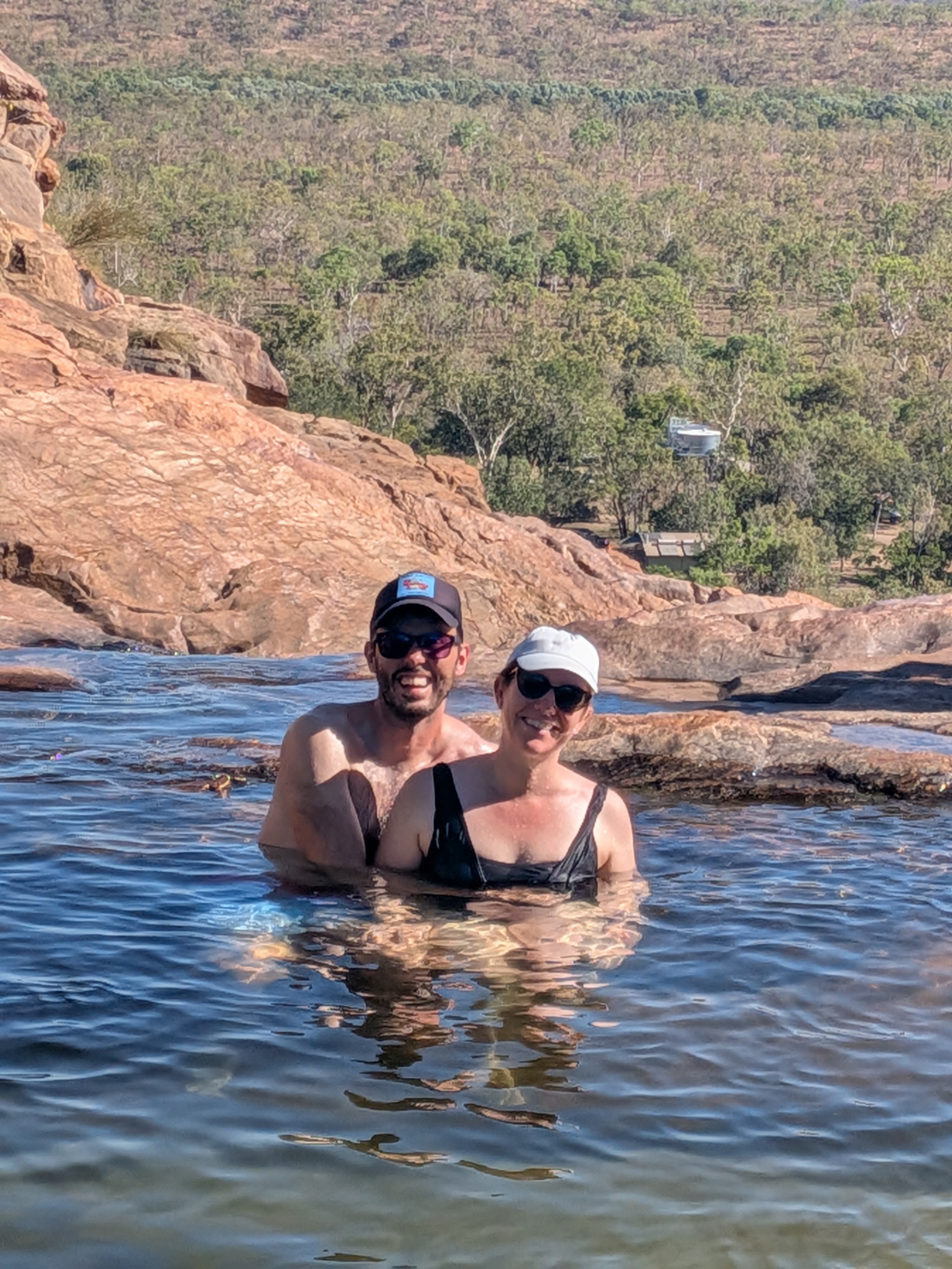 Erin and Dylan in the top pool &mdash; very cold, entirely worth it
