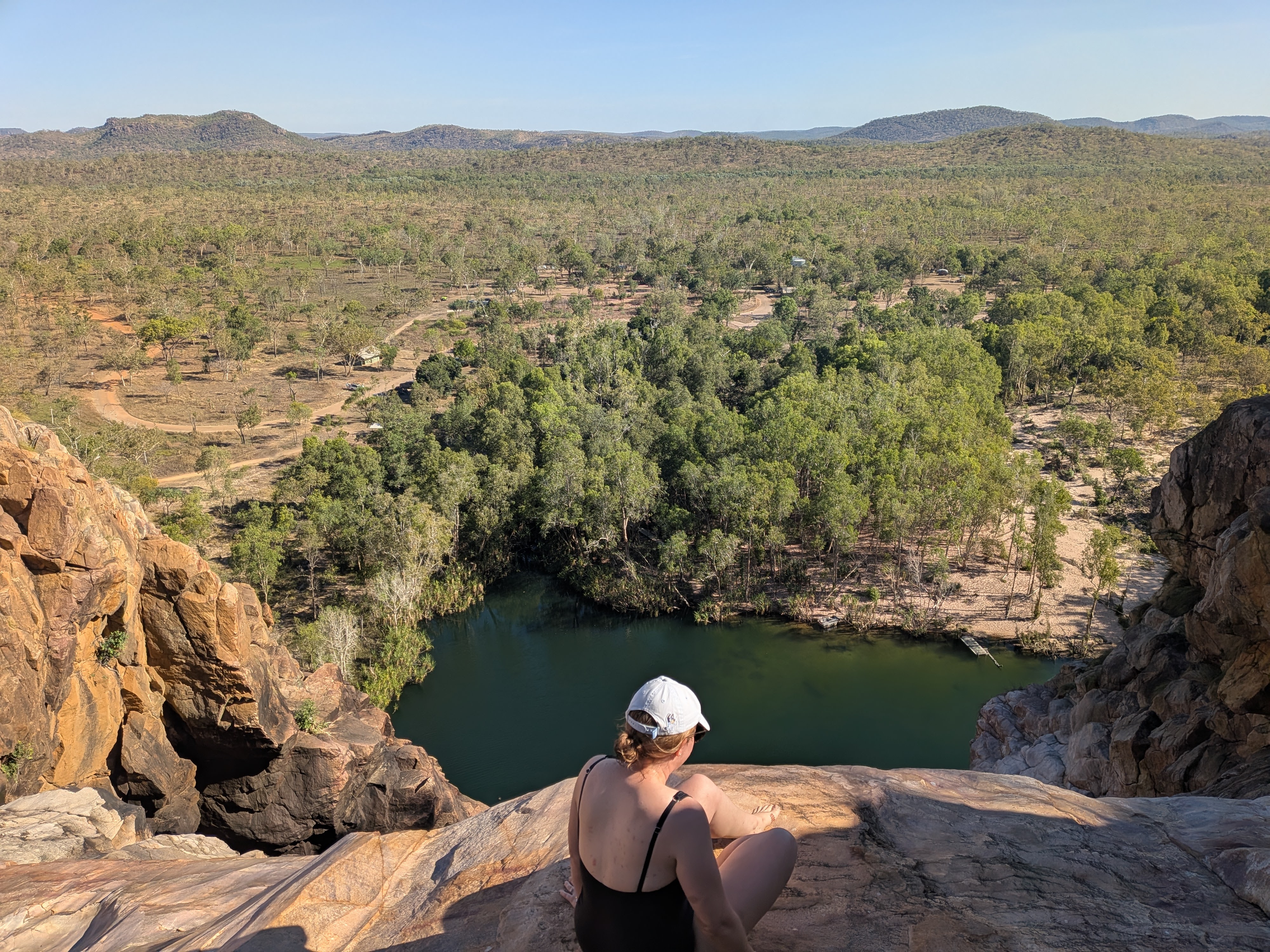 Looking down over the lip of Gunlom Falls to the closed bottom pool &mdash; resident salties somewhere below