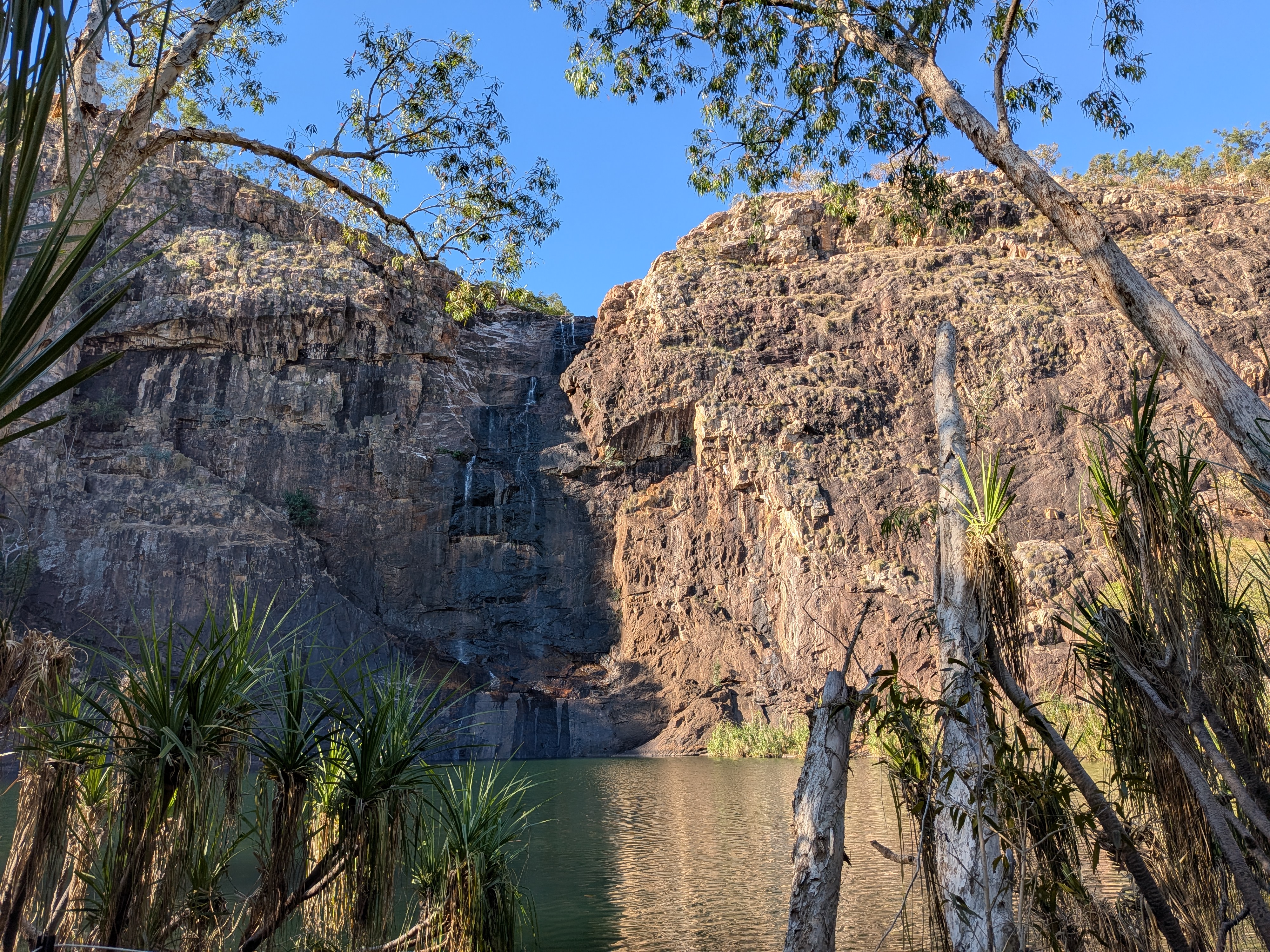 The bottom pool and cliff face of Gunlom Falls &mdash; croc territory for now