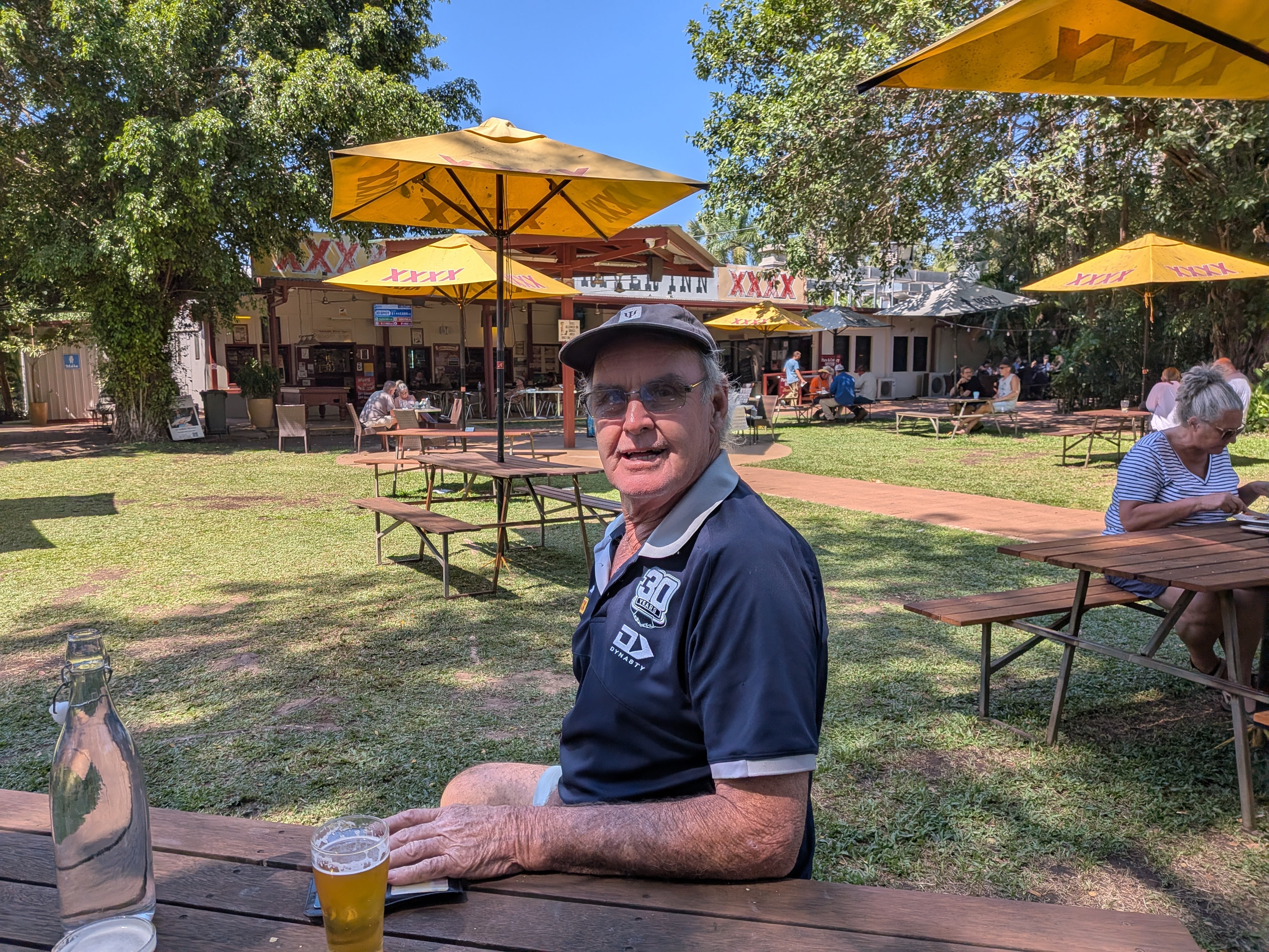 Pa settling into the Adelaide River Inn beer garden