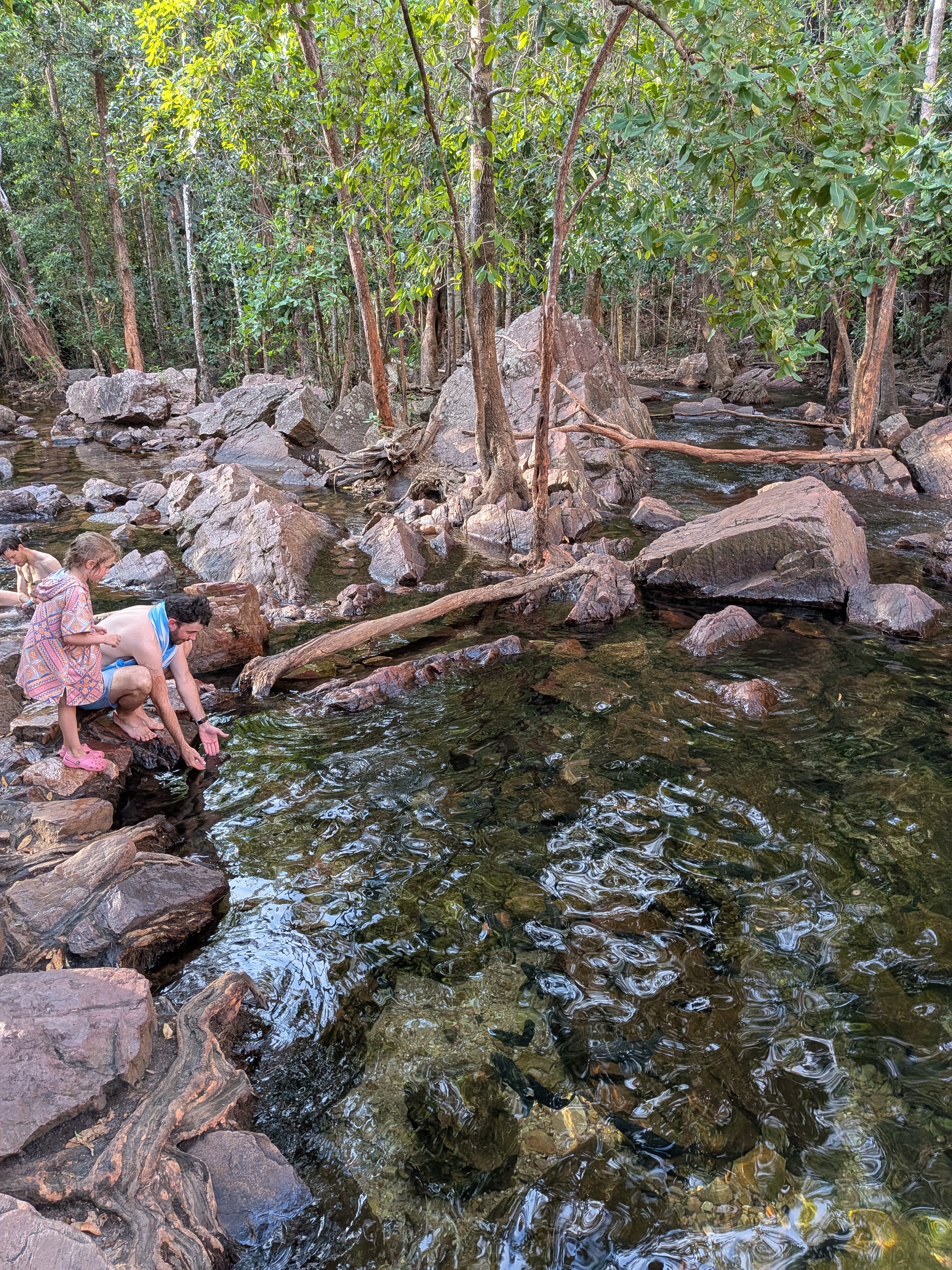 Dylan and Leah on fish-watching duty in the creek