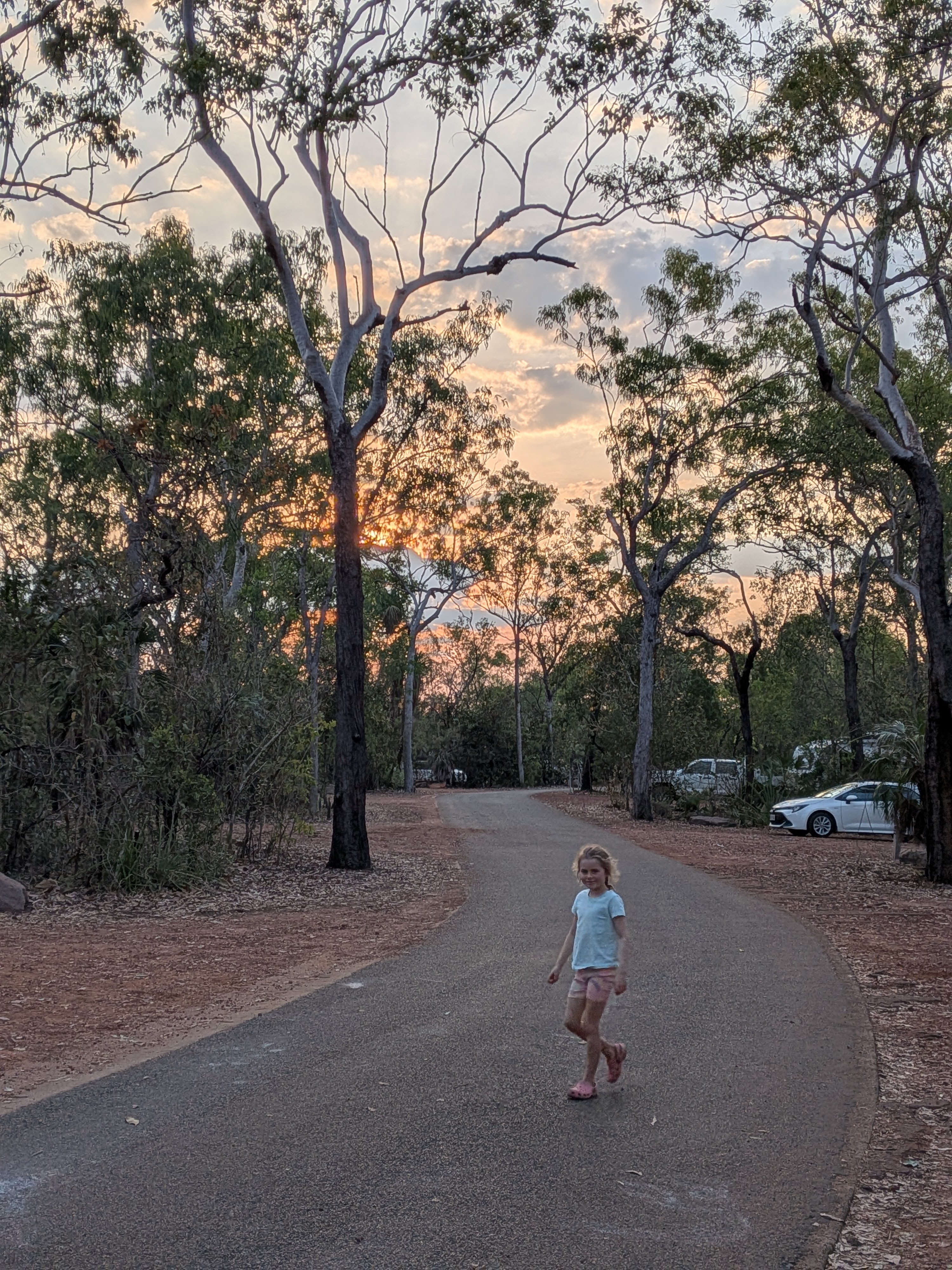 Hazel wandering camp at sunset