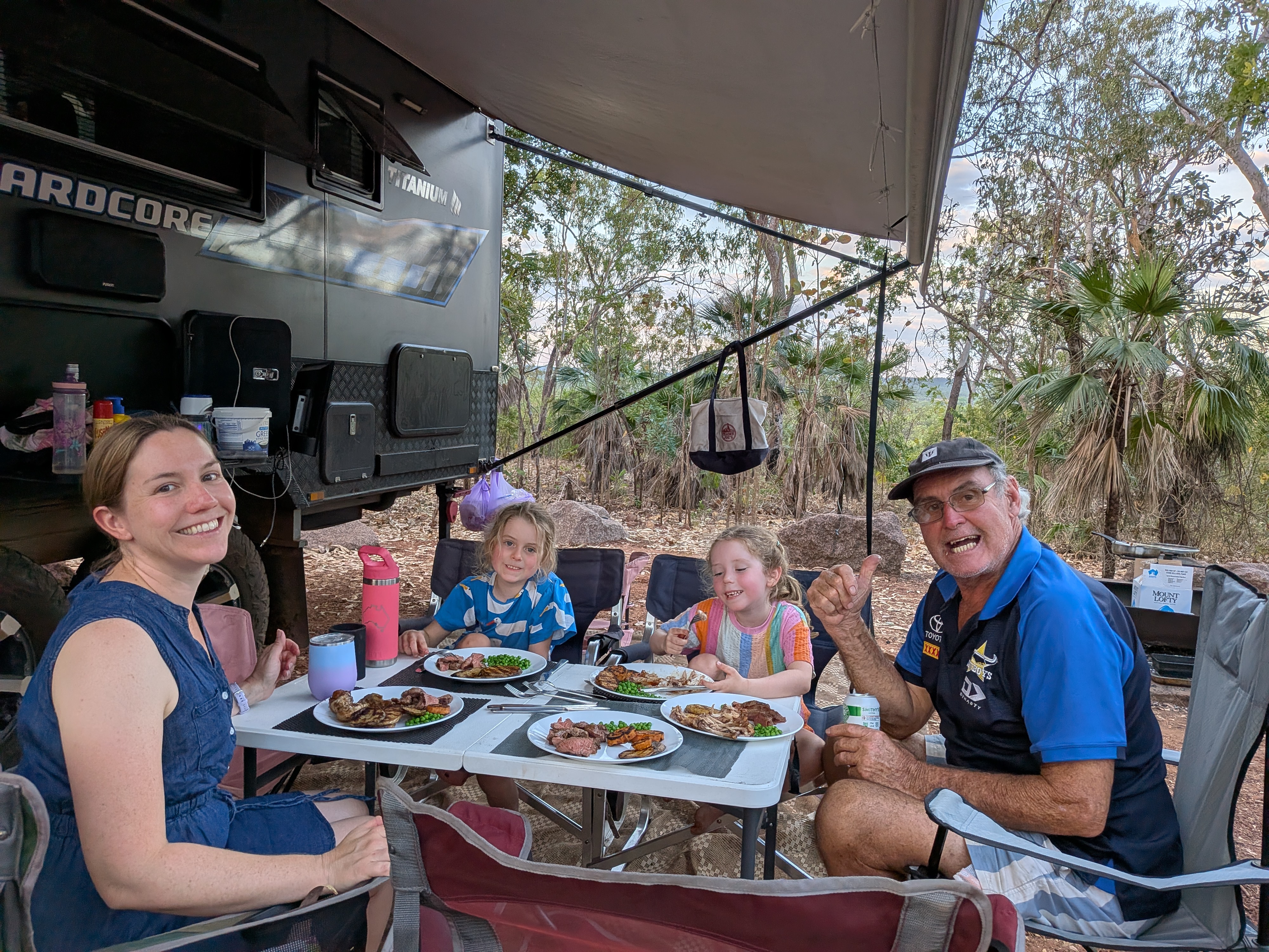 Dinner all together under the awning to cap off a huge day