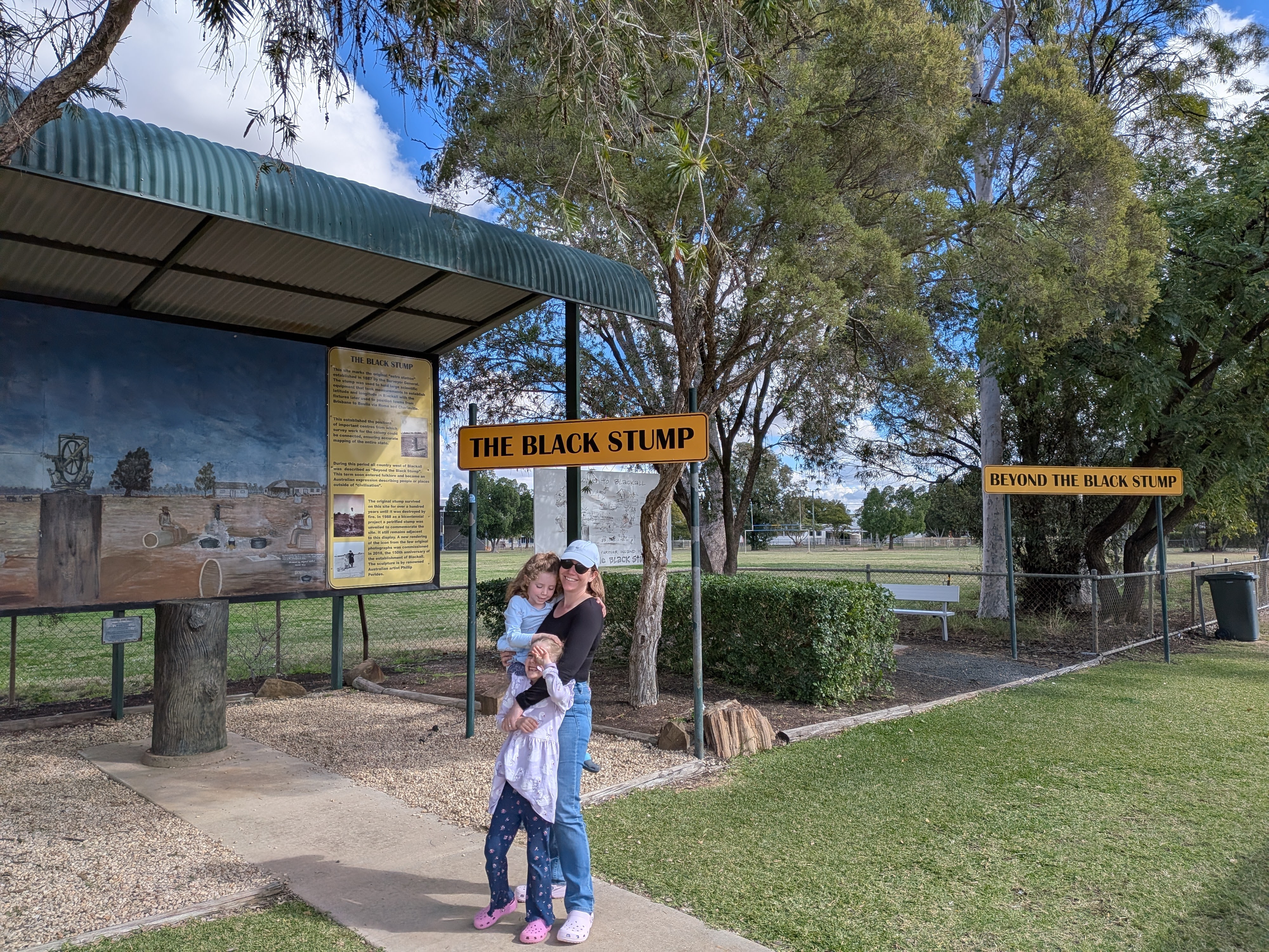 Erin and Leah at The Black Stump memorial in Blackall