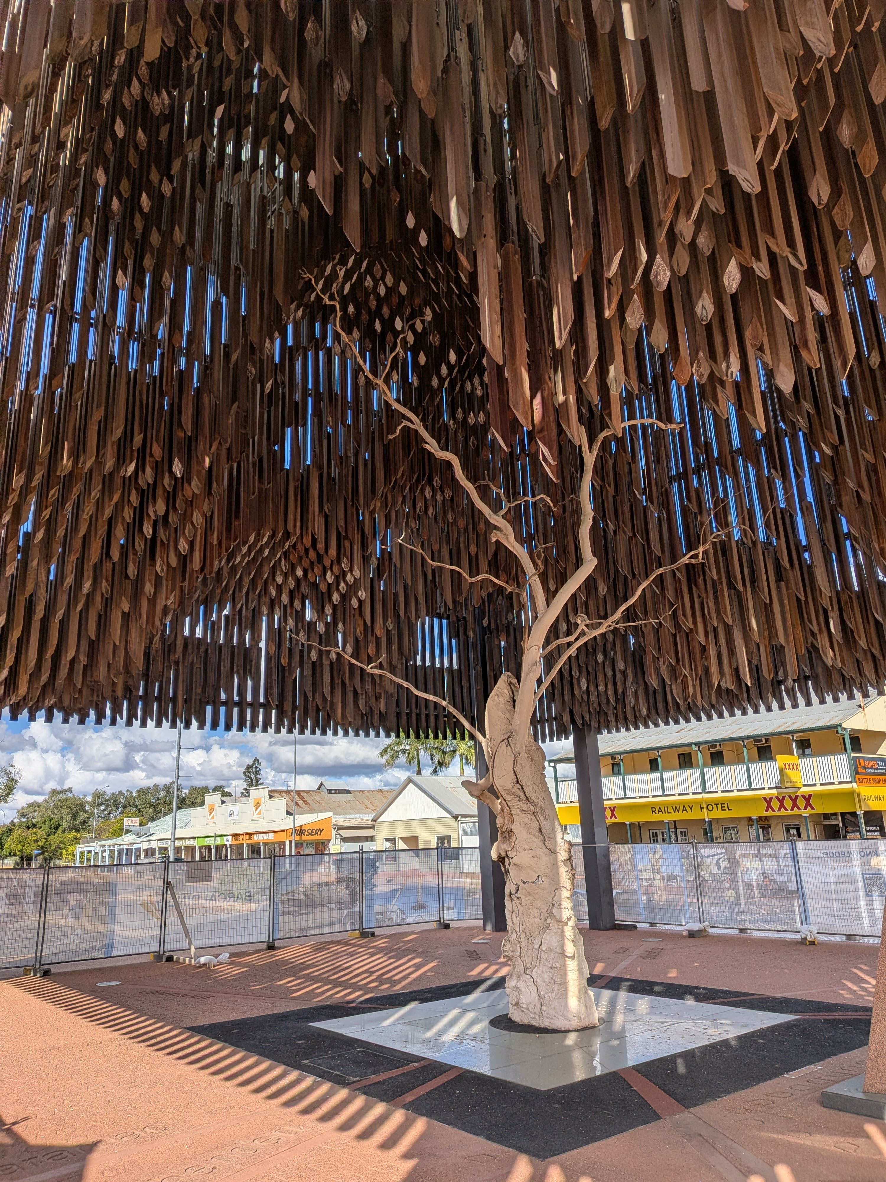 The Tree of Knowledge memorial — looking up at the timber canopy