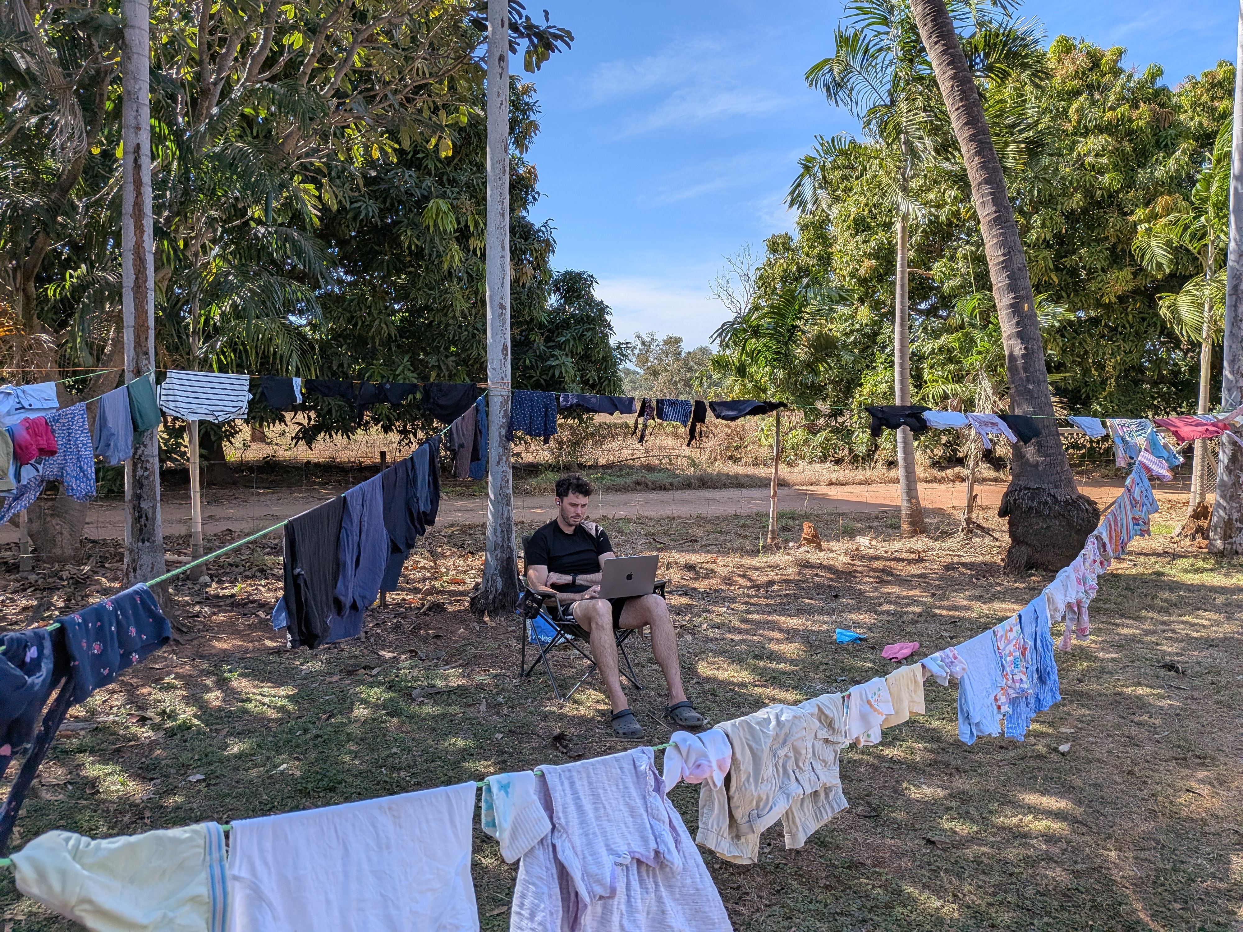 THE WASHING: ten days&rsquo; worth strung in every direction while Dylan holds a very calm office in the middle of it