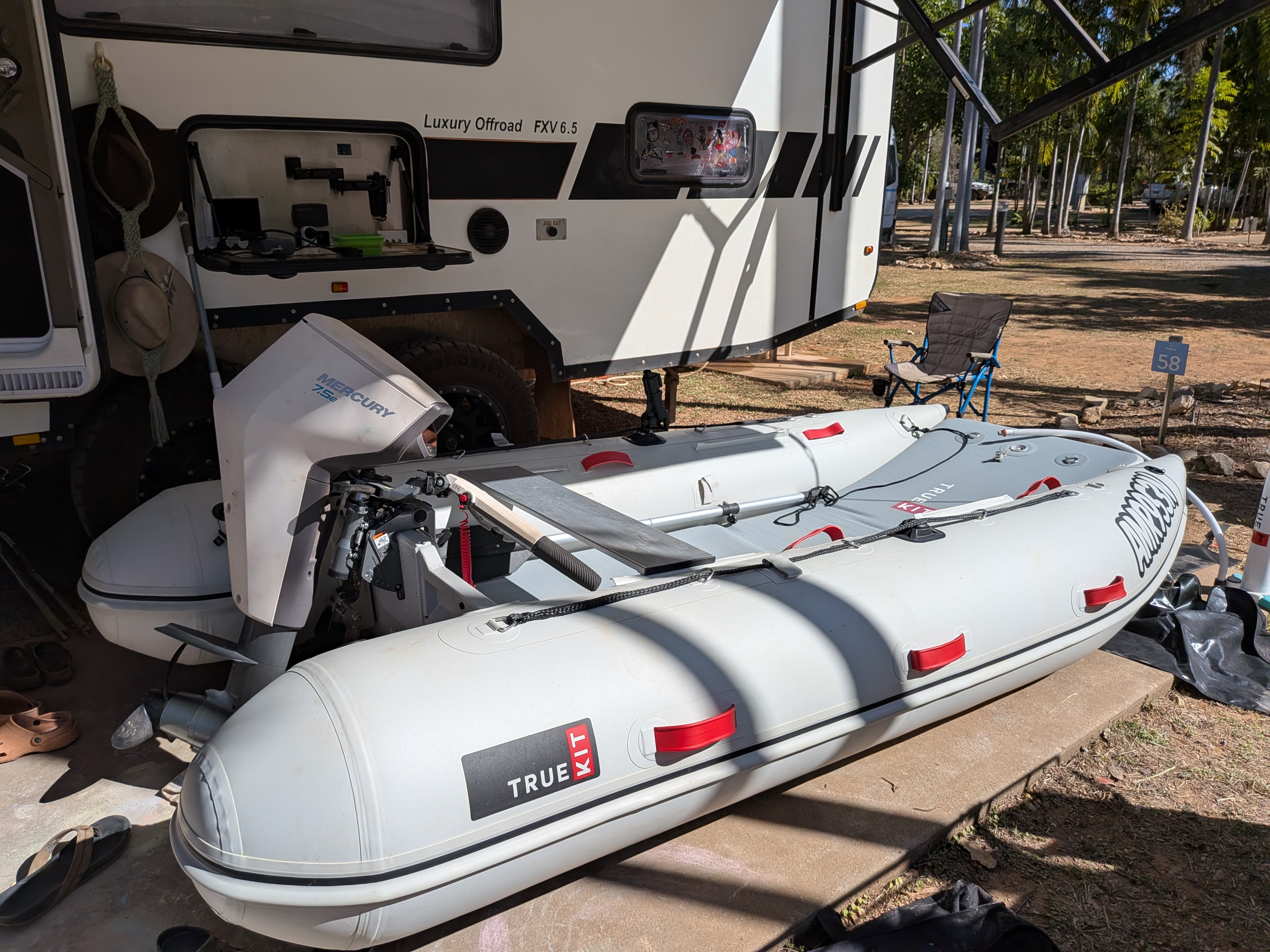 The newest member of the fleet &mdash; our True Kit inflatable with its Mercury electric outboard, fresh from the demo