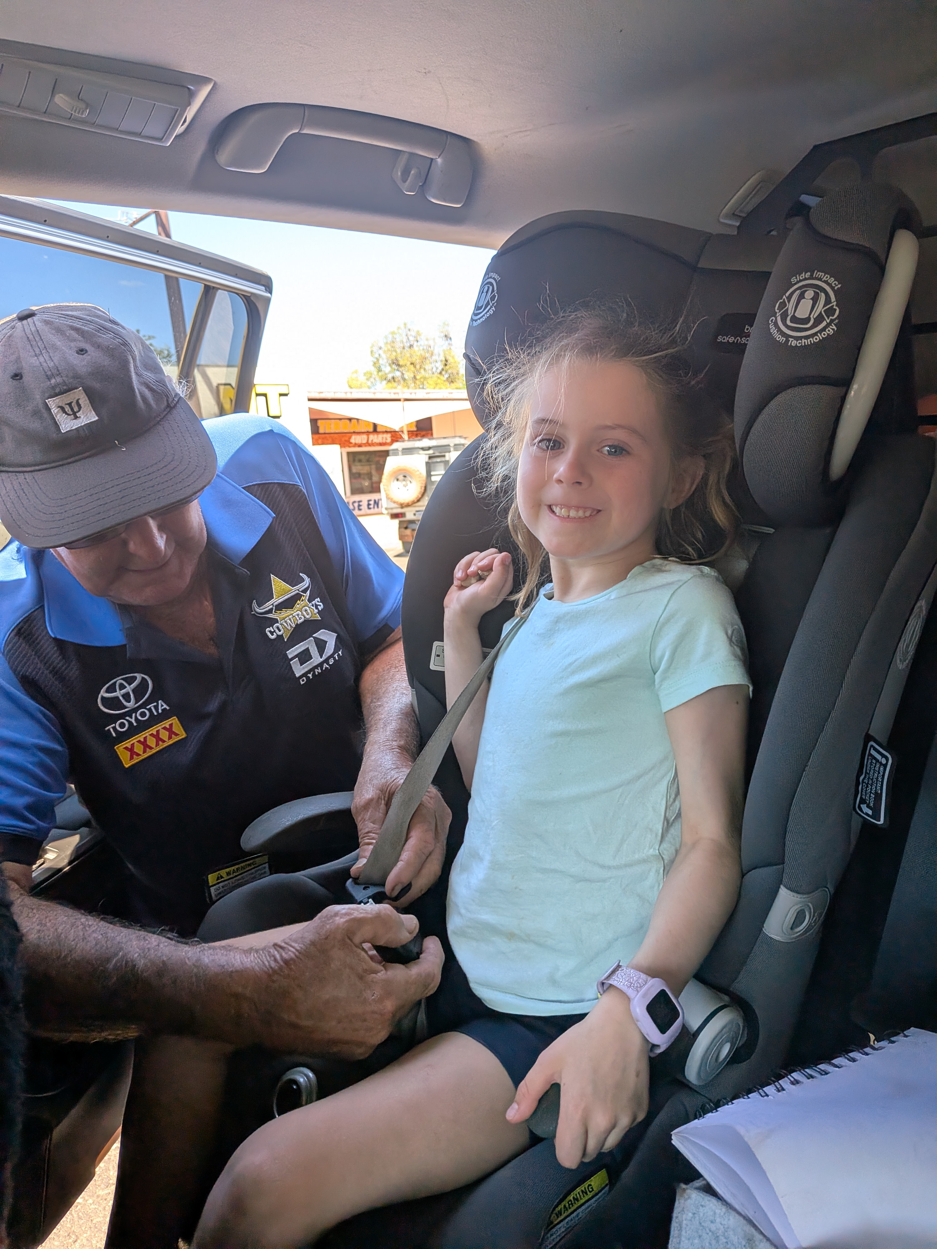 One more buckle-in for Hazel before Pa heads off on his next adventure