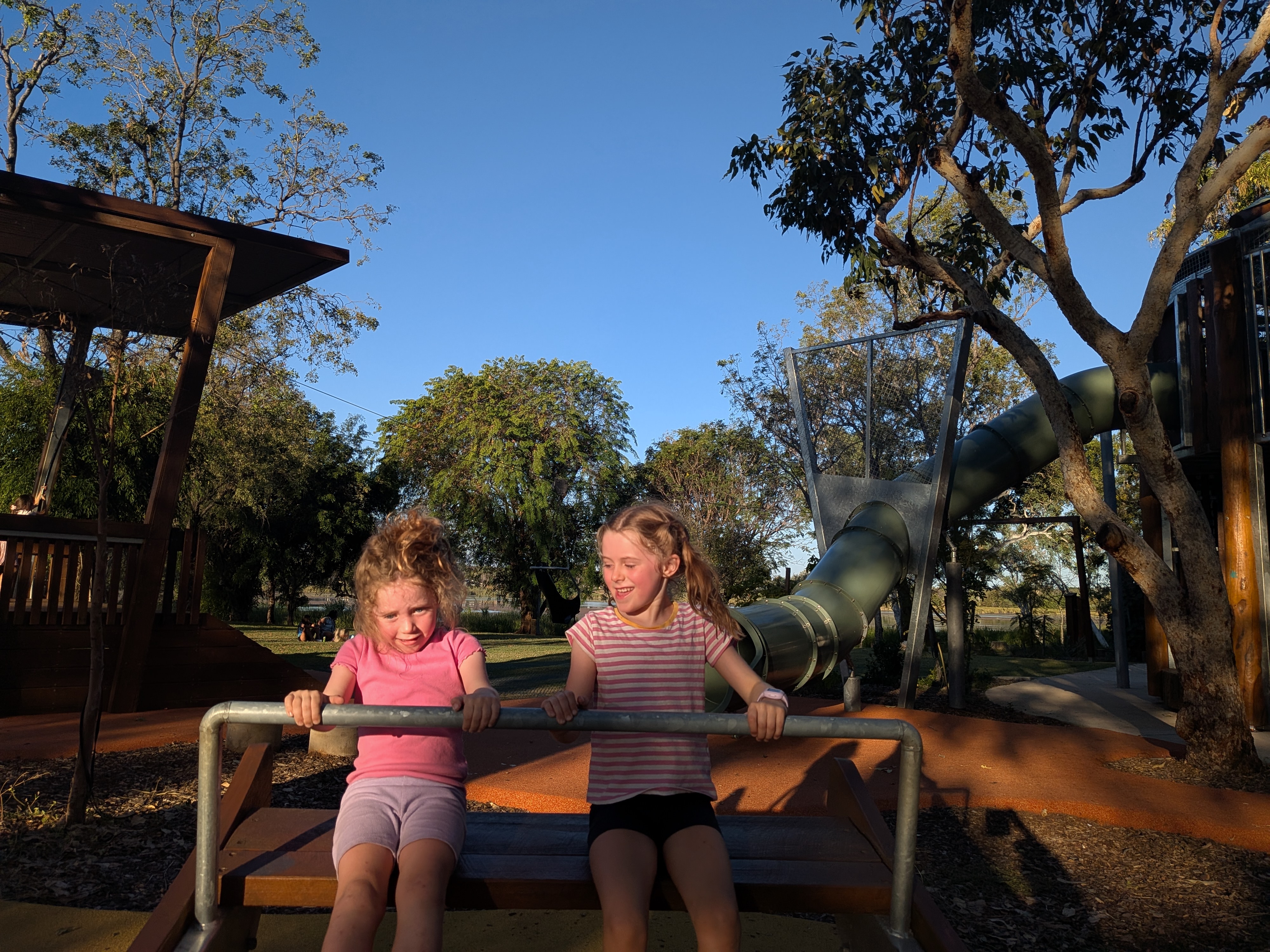 Testing the see-saw at the most amazing playground, right next door to the caravan park