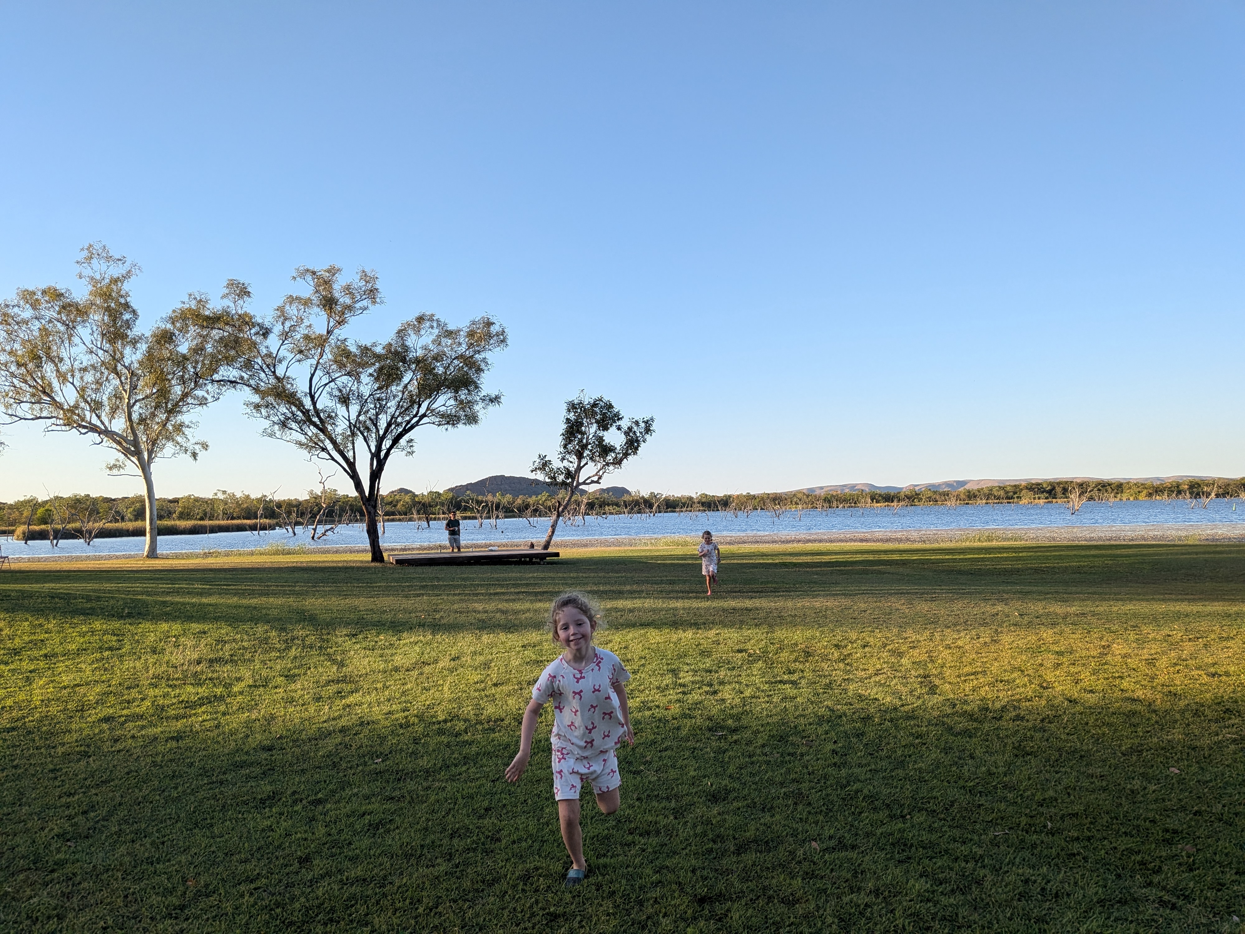 Sunrise runs on the lagoon lawn before we hit the Gibb &mdash; Leah leading the charge