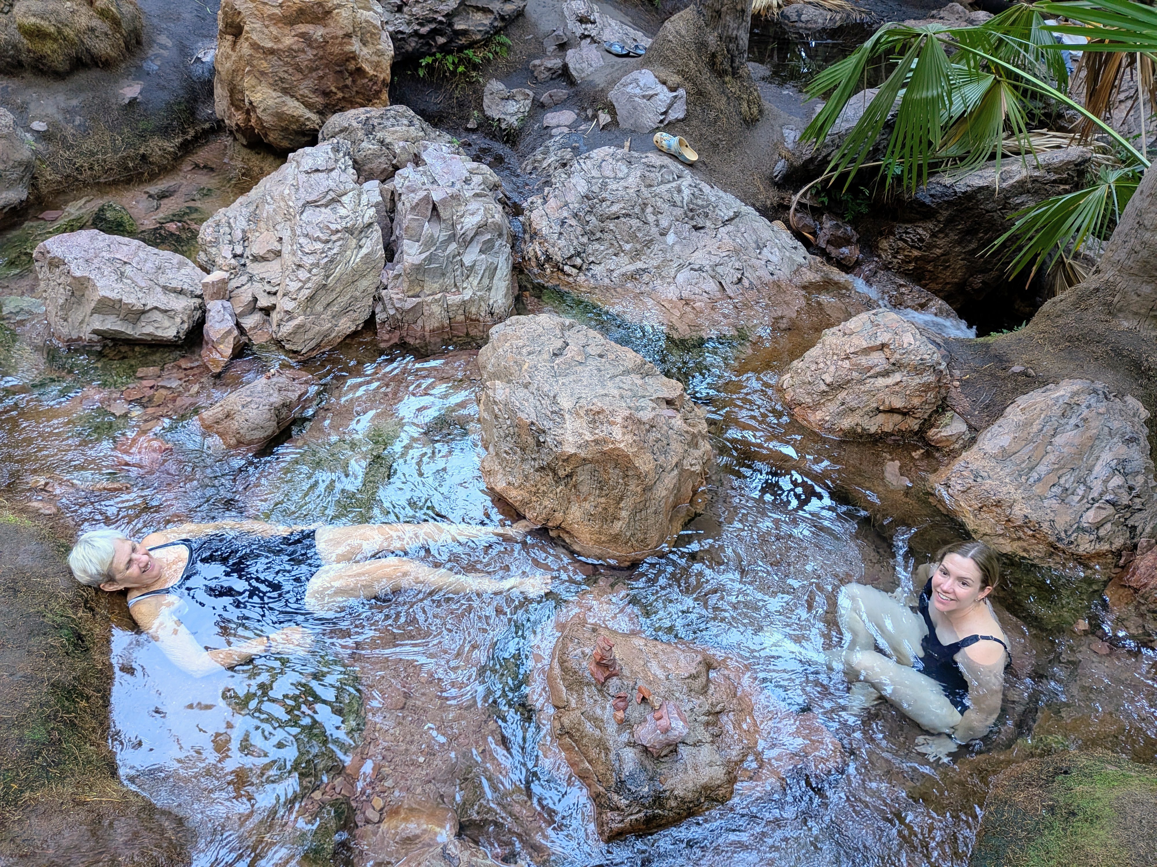 Erin and Tricia soaking in the warm thermal stream