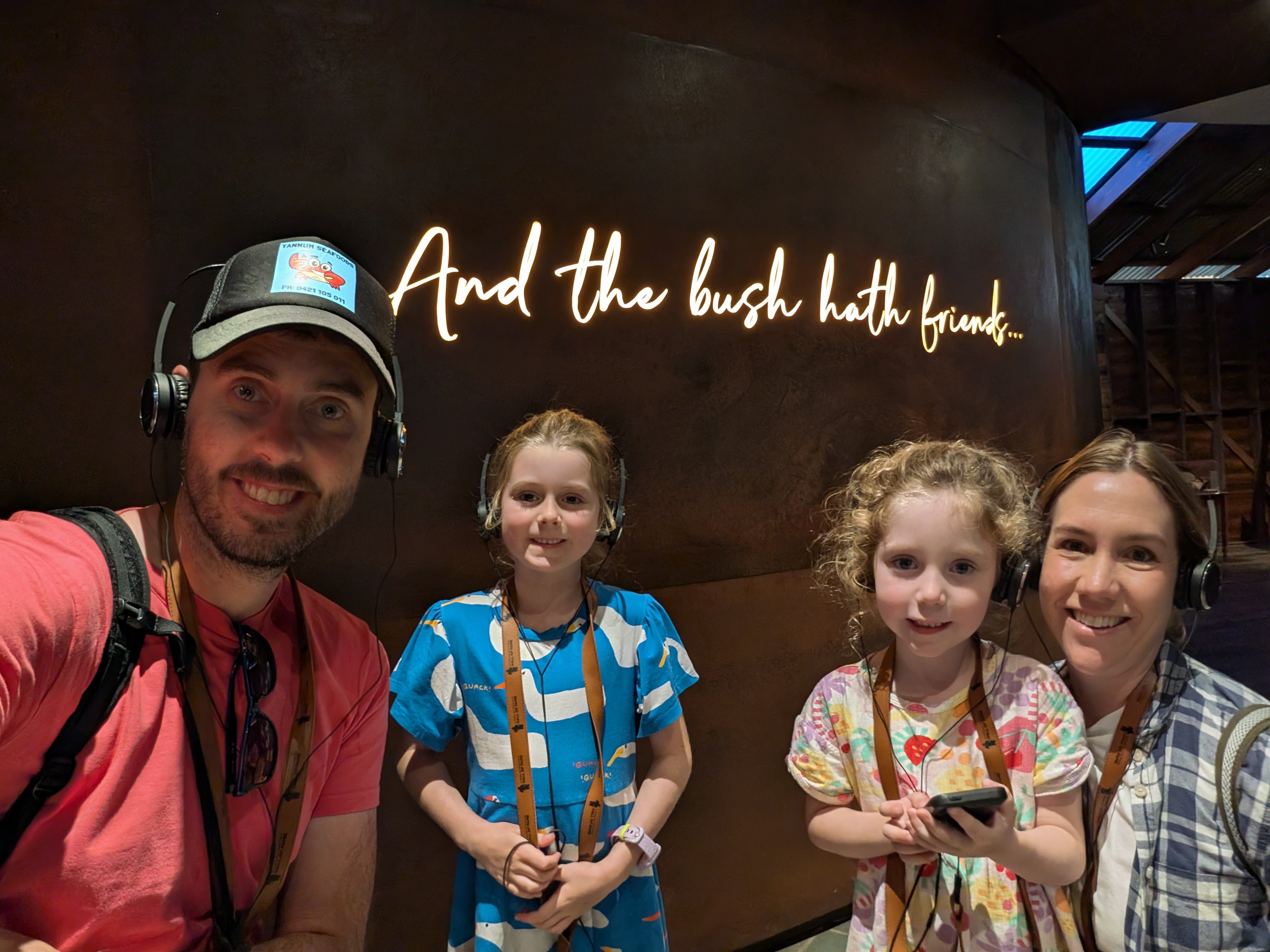 Family selfie with headsets at the Stockman's Hall of Fame — And the bush hath friends...