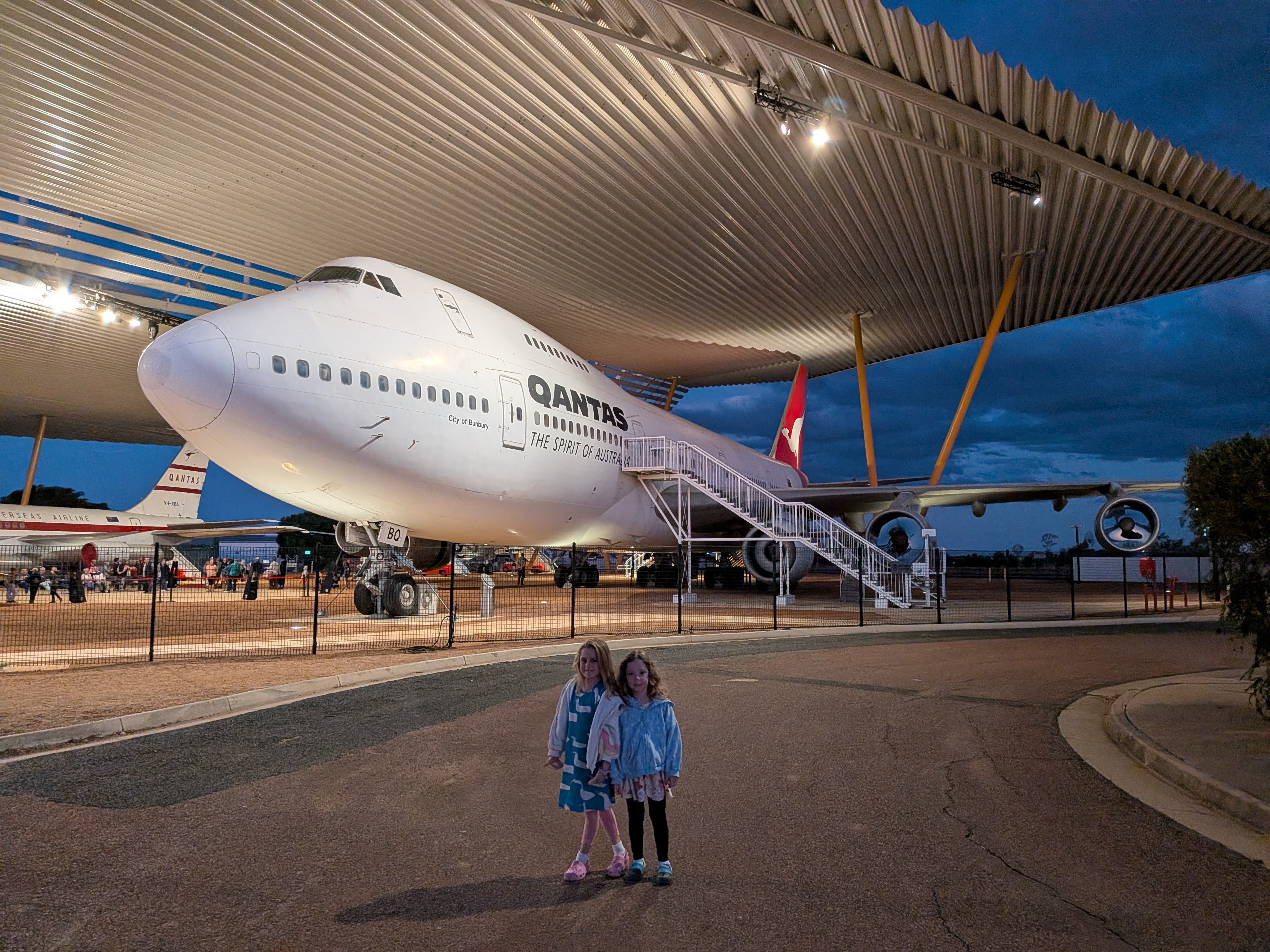 The girls in front of the Qantas 747 at the Qantas Founders Museum