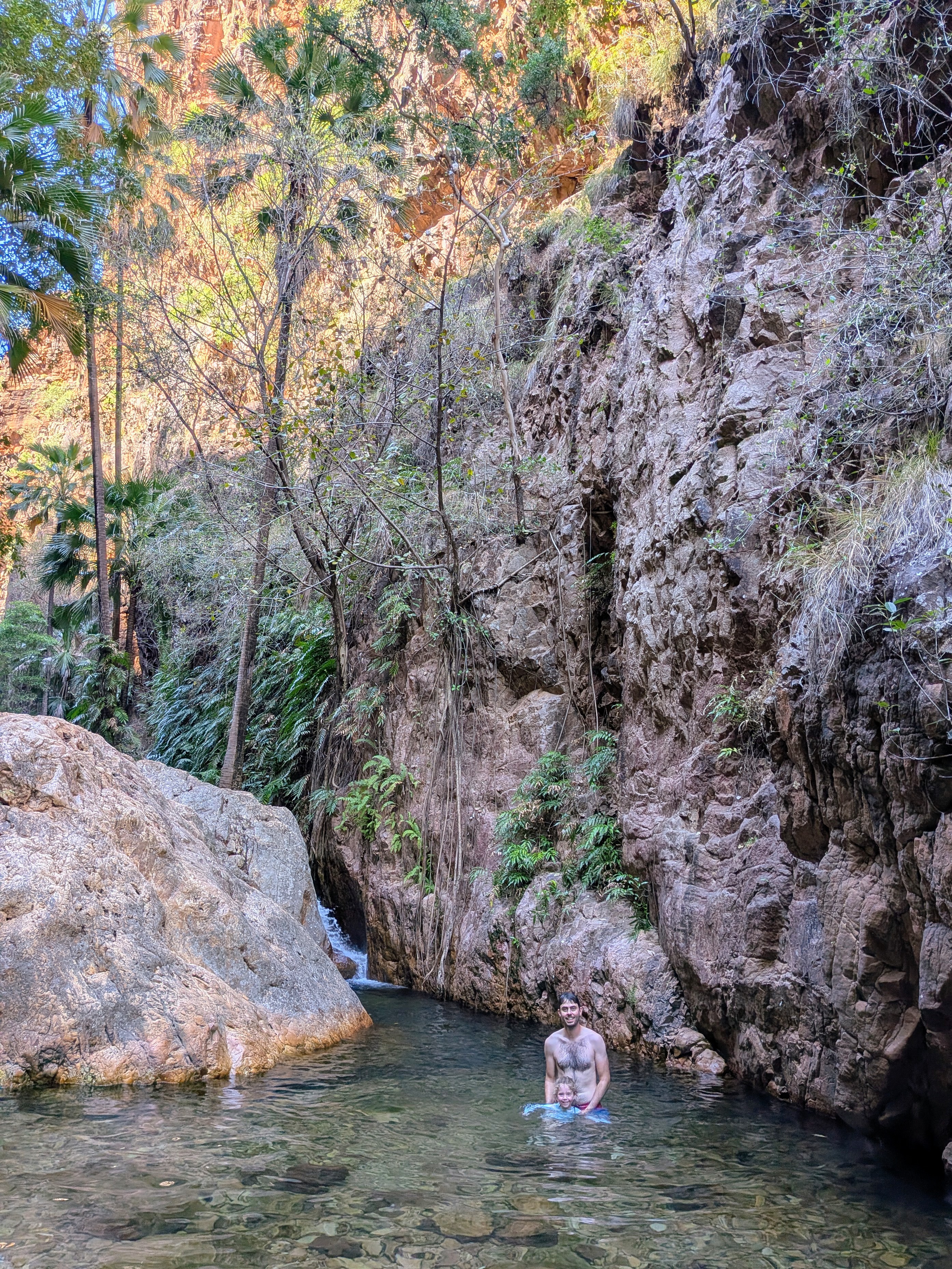 The swim at the halfway pool &mdash; Dylan and Leah beneath the towering walls