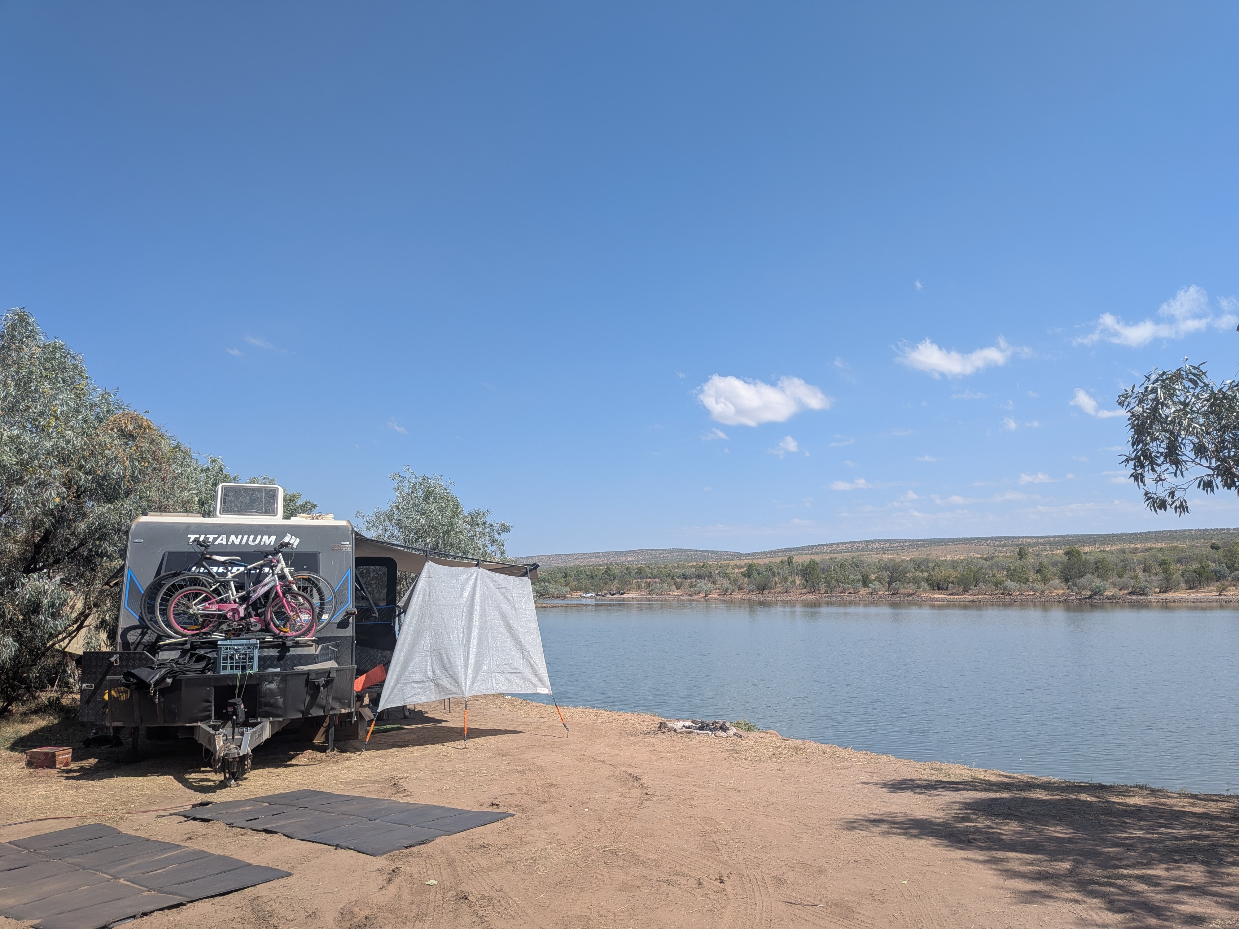Set up riverside, with a view of the famous crossing