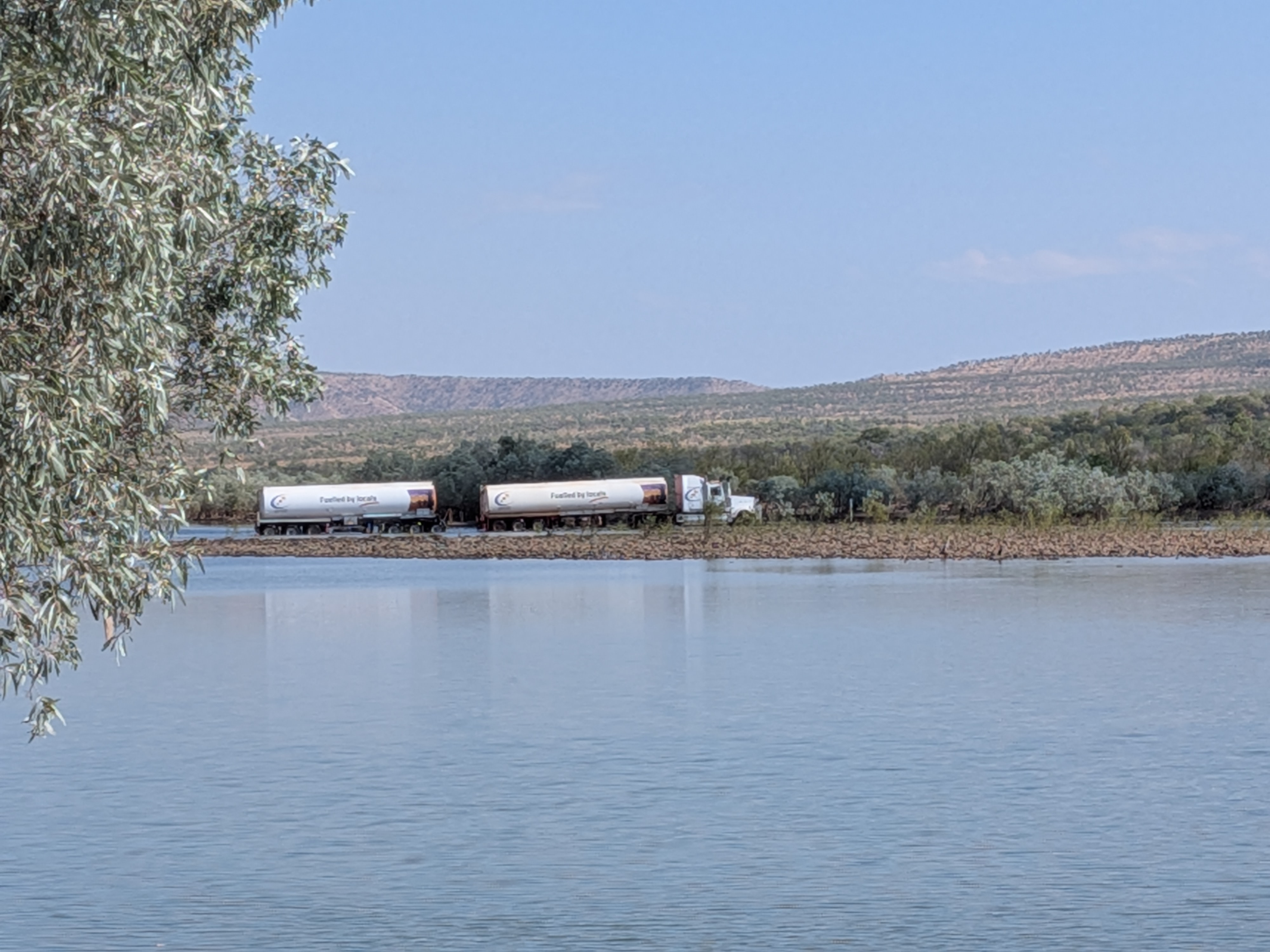 A road train making its way across the Pentecost crossing