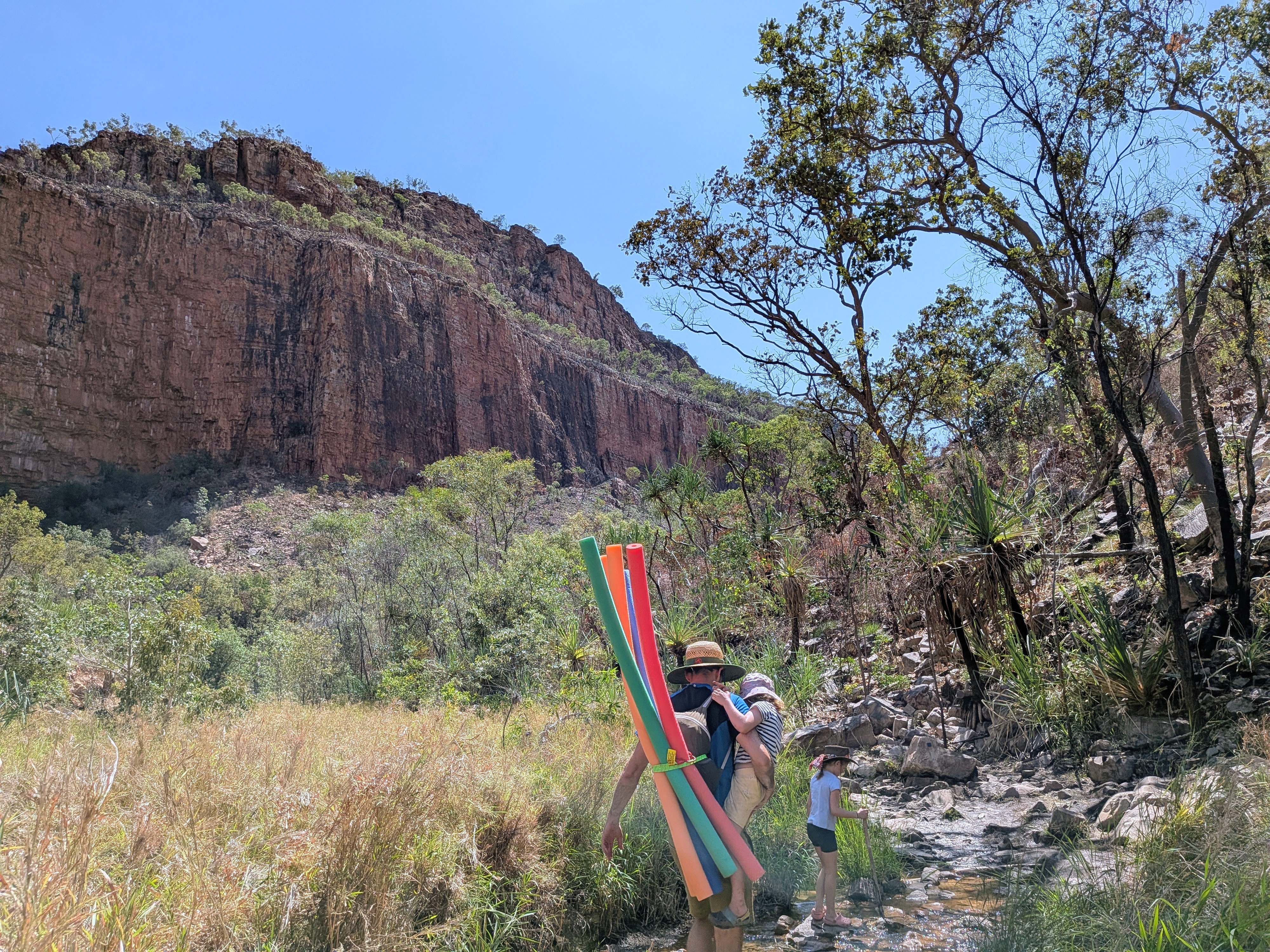 A slippery creek crossing &mdash; Leah hitching a ride with Dylan