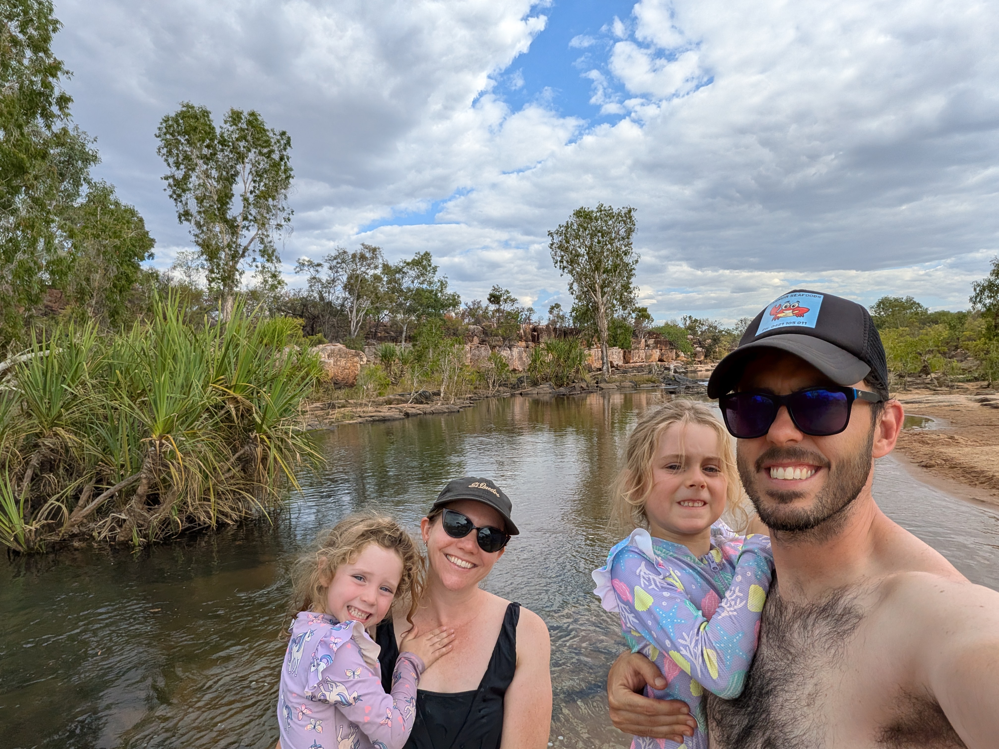 Family dip at Warla &mdash; Hazel in the Akubra, Leah in the pink hat