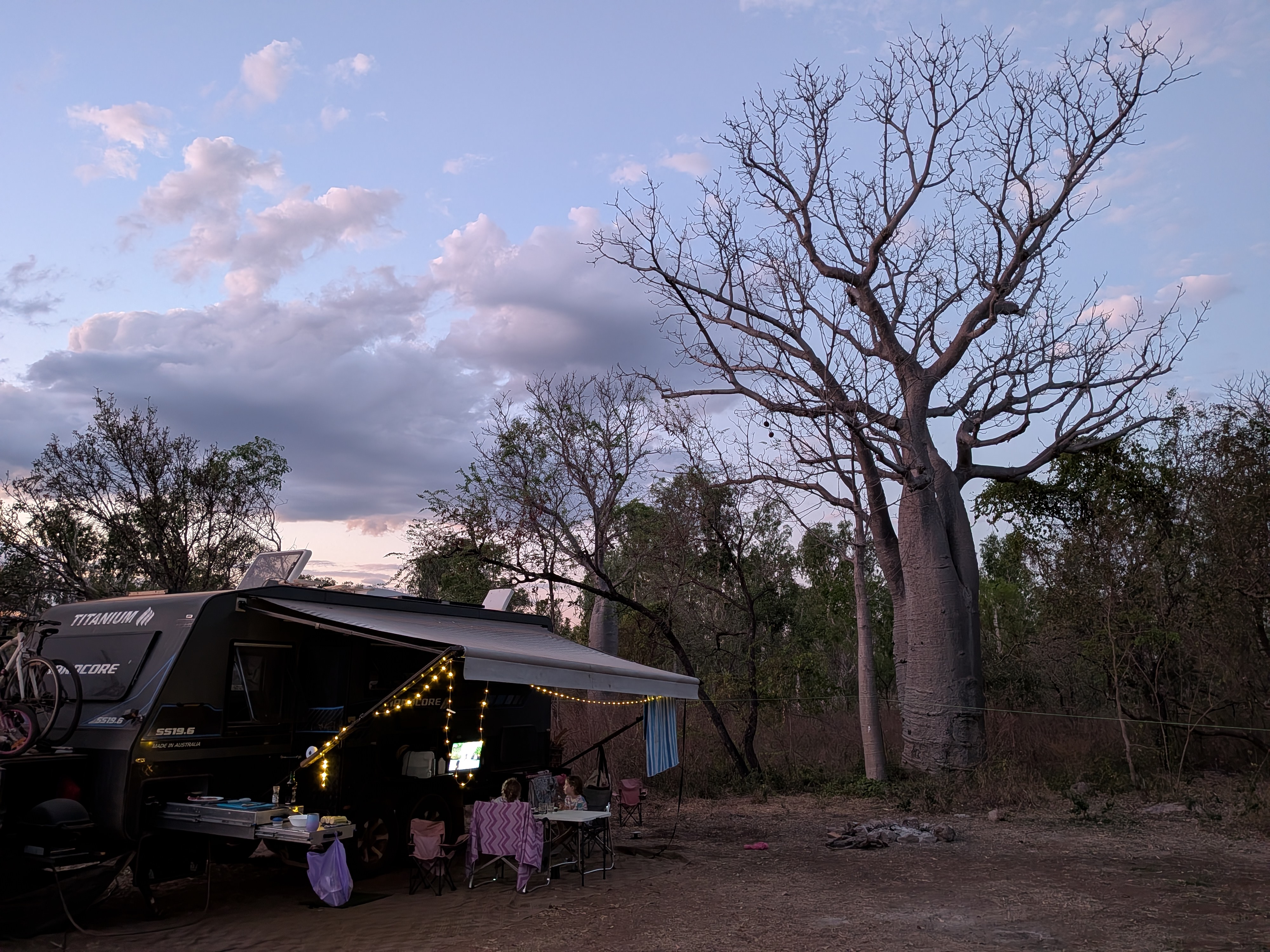 Movie night under the boab for the girls, steak night for the adults