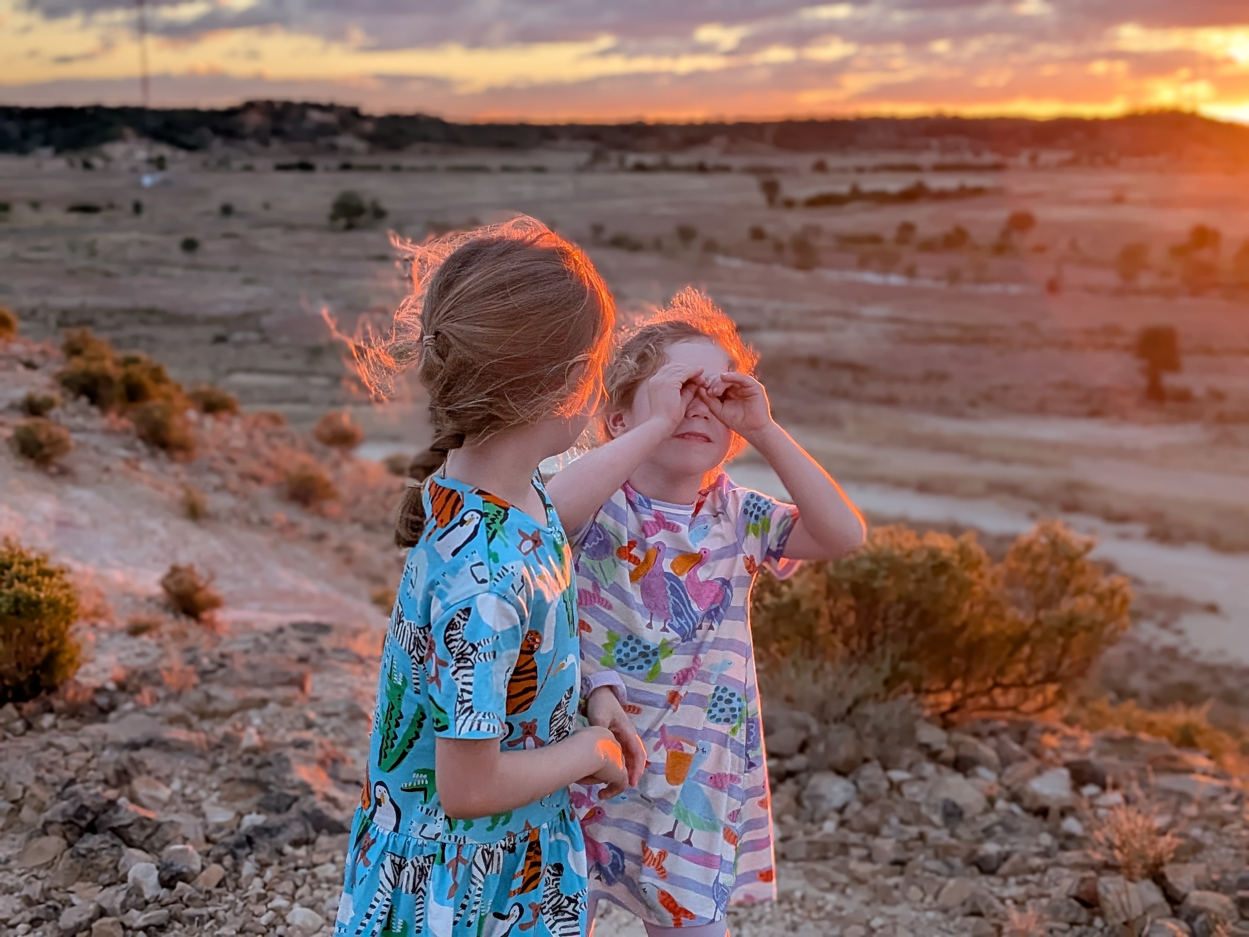 The girls holding hands watching the sunset at Dinosaur Creek