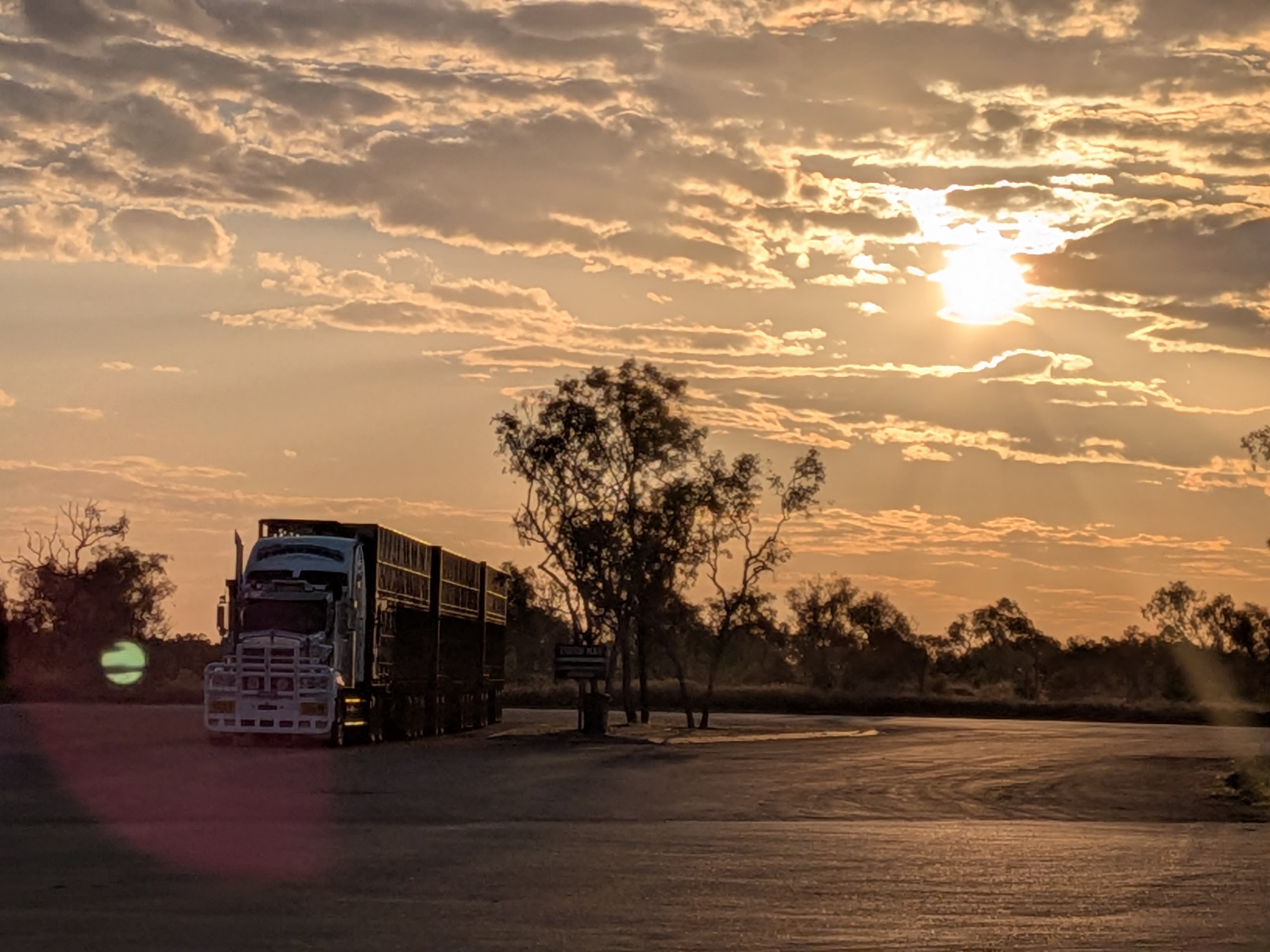 Road train parked at sunset at Barkly Homestead